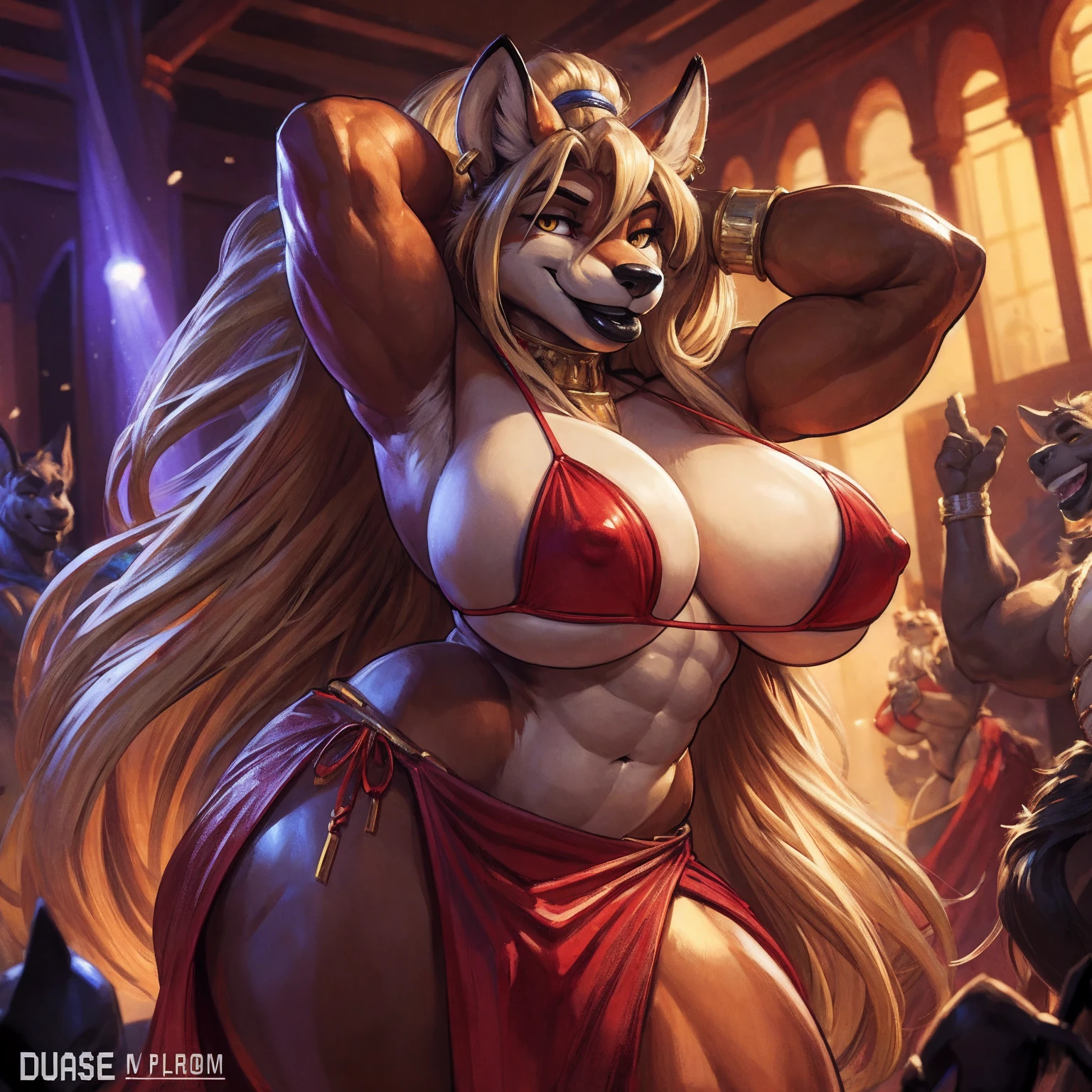 uploaded to e621.net, masterpiece, 8k, vixen, blonde, long hair, topknot, genie, (huge bottom lip:1.2), black lip gloss, accurate hands, (red micro bikini top:1.2), red sarong wrap, huge breasts, nipple outline, large areolae, hyper hips, gold jewelry, ear piercings, hands behind head, dancing, magic display, smiling, golden eyes, by darkgem, by duase,