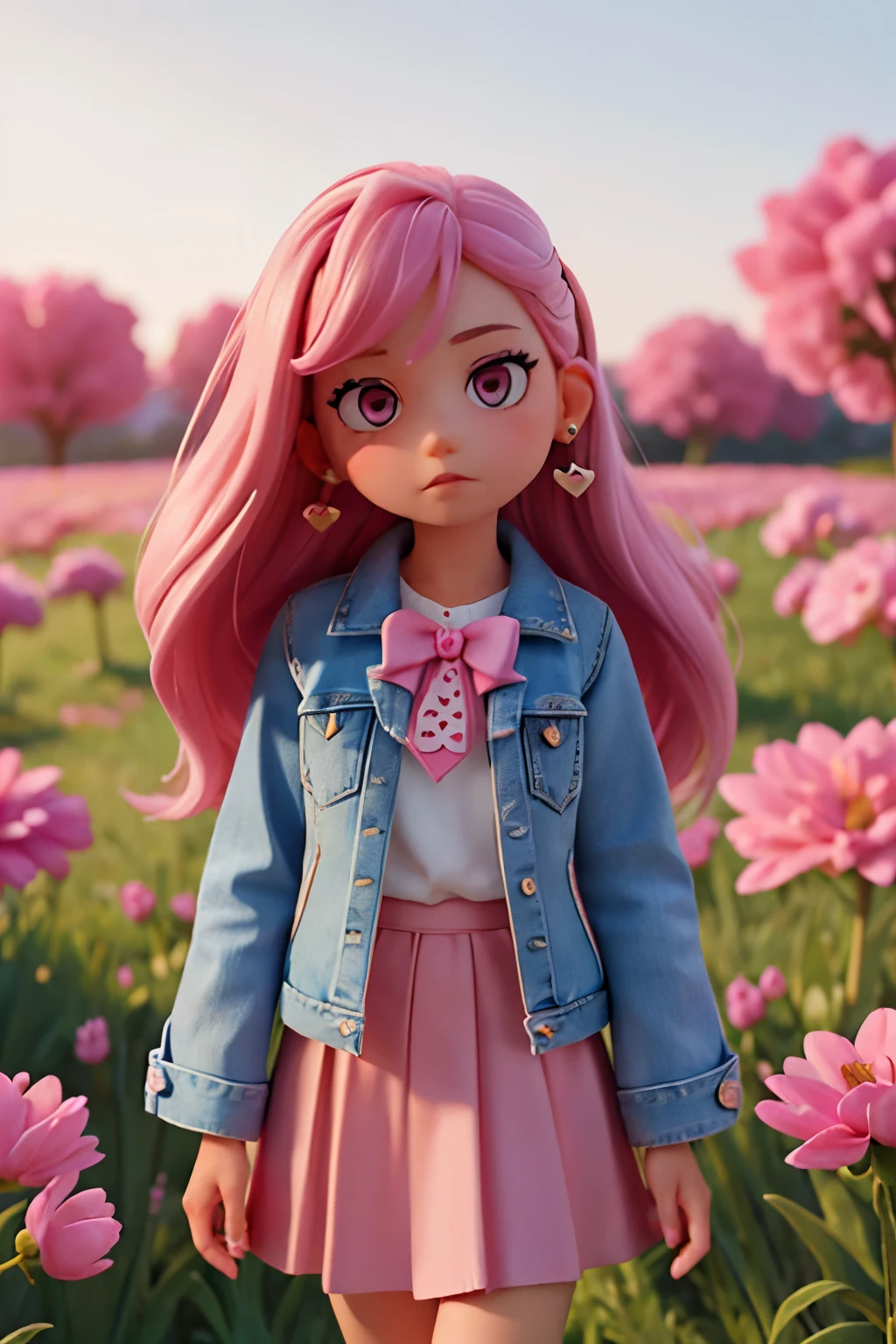 pretty girl with pink hair with bow, skin fair, eyes browns, big heart earring, jeans jacket, white shirt and pink skirt, loose hair, lowrise, in a field of pink flowers, eyes browns, eyes browns, 10-year-old, eyes browns, long hair, only brown eyes.