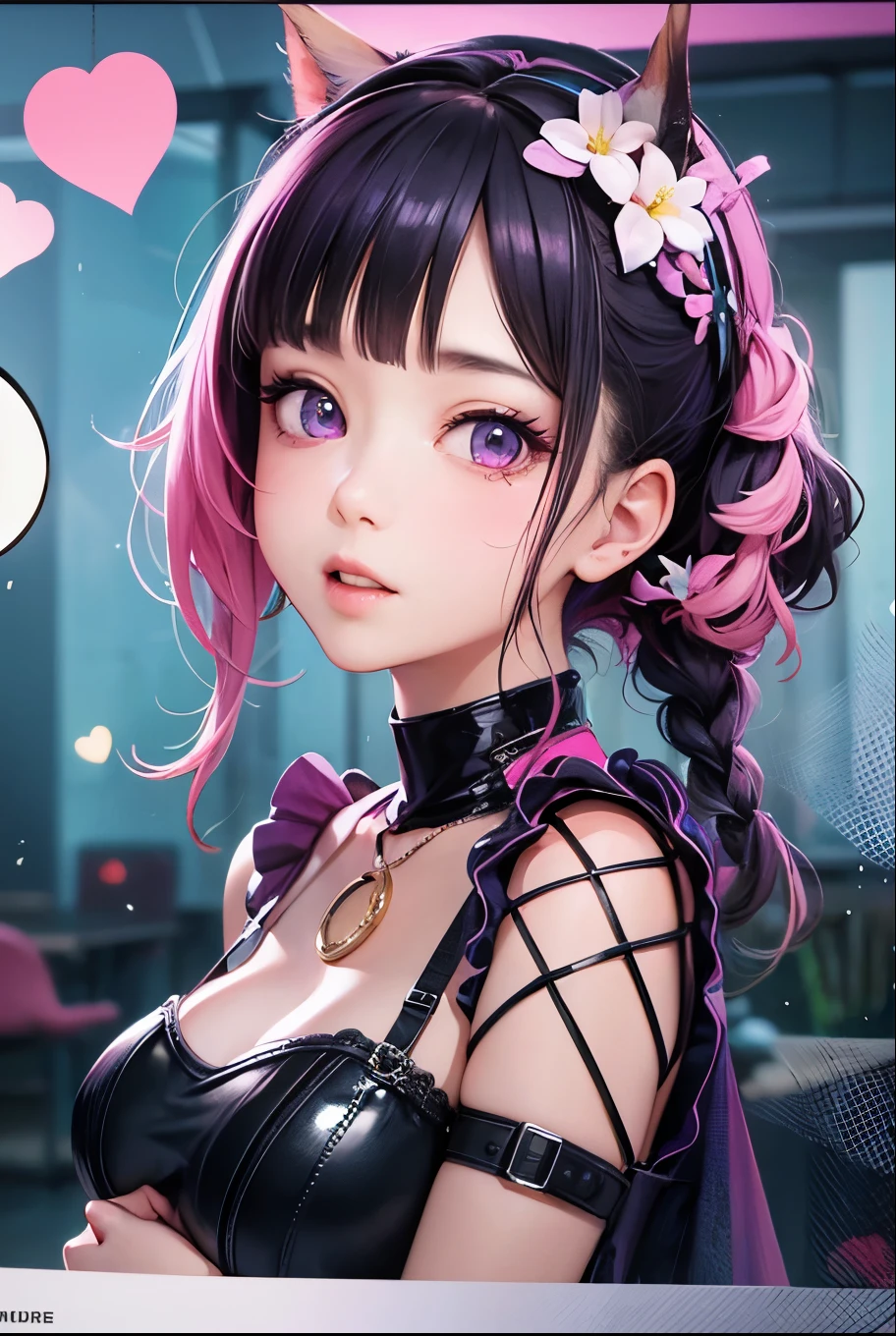 masterpiece, best quality, highly detailed, high resolution, expensive resolution, high resolution, 4k, 8k, uniform 8k wallpaper, highly detailed CG, masterpiece, 2d, 3d, beautiful details, depth, fine texture, best quality: 1.3, perfectly focused, sharp. skin, him, very cute anime girl, her name is Mei, short pigtails, idol, in the rain, expensive pink short pigtails, mole under eye, looking at the viewer, expensive, blush, mole, open lips, pink eyes, heart shaped choker, smiling face