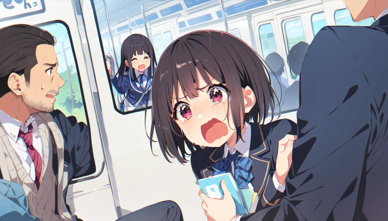 On a train, a molester is forcibly having sex with a topless girl, wearing a checkered skirt, no underwear, erect nipples, light pubic hair, short black hair, small breasts, crying and screaming in disgust.