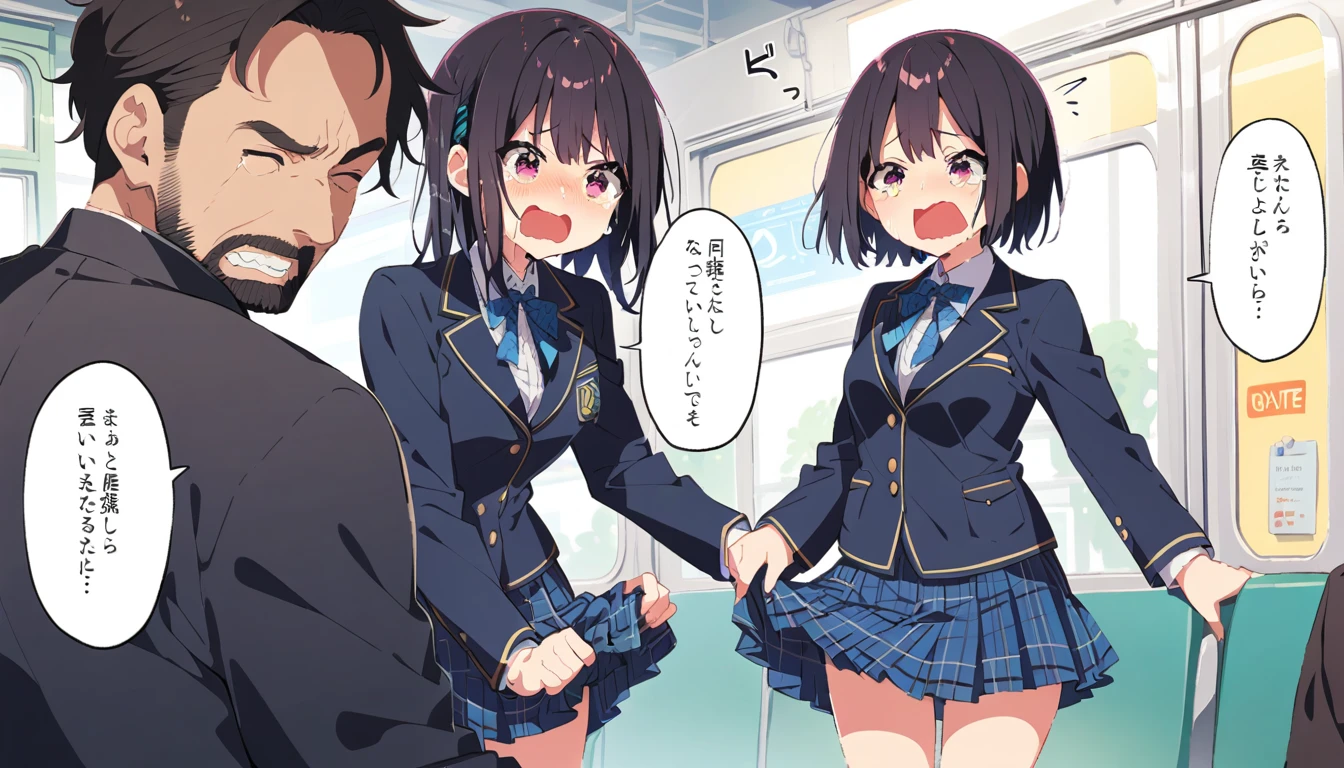 A middle-aged man is lifting up the skirt of a girl with bob-black hair, a blazer uniform, a navy blue checked skirt and floral panties, who is standing on a train with a blushing face and bowed head.、whole body