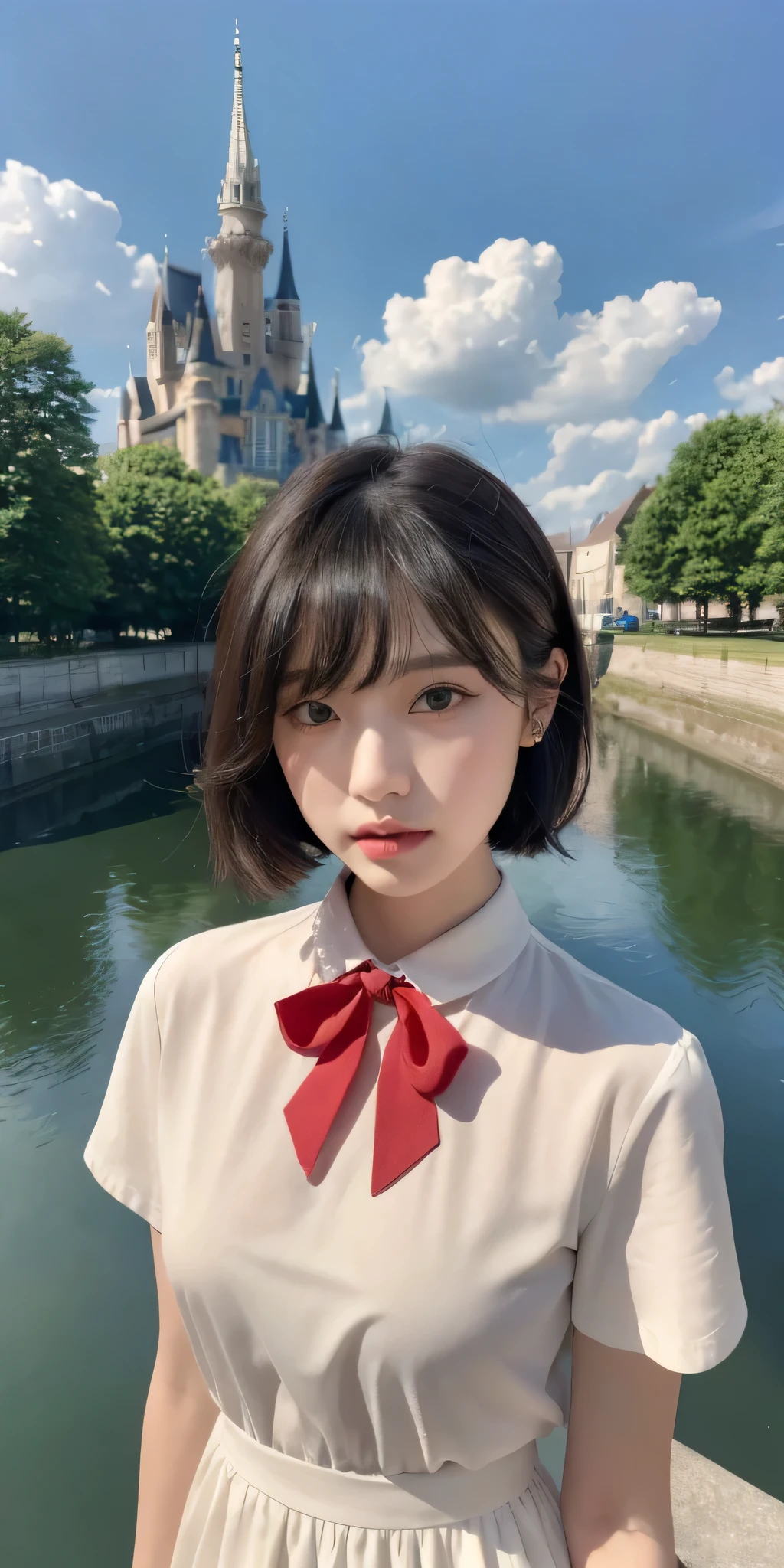 (masterpiece,newest,exceptional:1.2),(realistic:1.4),1girl,bangs,black_hair, beautiful 8k eyes,blue_sky,bridge,building,castle,city,cityscape,cloud,day,dress,looking_at_viewer,outdoors,red_neckwear,red_ribbon,ribbon,river,short_hair,short_sleeves,sky,skyscraper,solo,standing,town,water