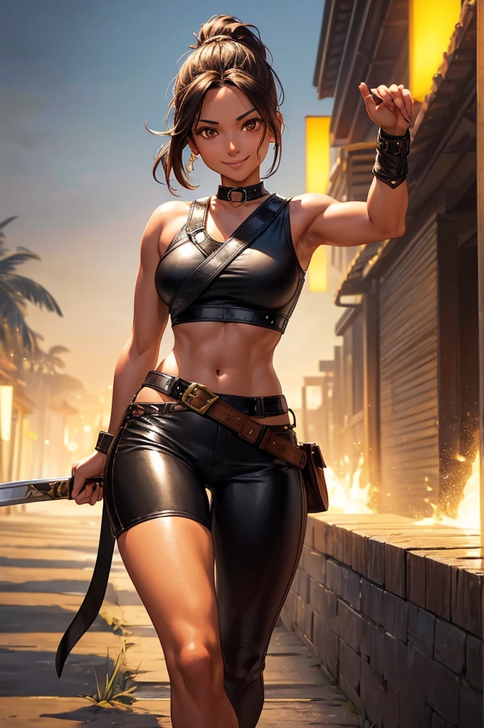 Creating an illustration of a girl in her thirties, short brown ponytail, golden eyes, tanned skin. smiling expression - she's wearing a leather harness, white sleeveless t-shirt!!!, black fabric short, leather belt, sword sheathed on right hip, make full body - she's walking in a night forest - digital art style (better quality)