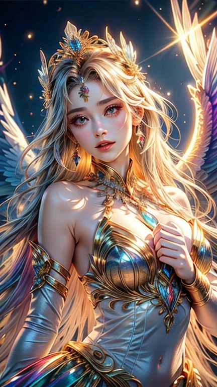 ((masterpiece, 最high quality, high quality, High resolution, Super detailed)),hands together:1.5、upper body、Wearing a rainbow dress、（Iridescent angel wings：1.5）、All the love is on her side。Shining like crystal、Golden tiara、Breathtaking beauty、Milky Way、universe、Beautiful and shiny hair、A rainbow-colored aura surrounds her.、Goddess who sees into the future、Beloved woman、Rin々Looking at me intently