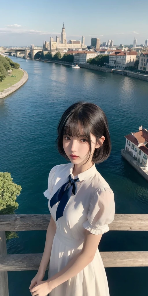(masterpiece,newest,exceptional:1.2), anime,1girl,bangs,black_hair, beautiful 8k eyes,blue_sky,bridge,building,castle,city,cityscape,cloud,day,dress,looking_at_viewer,outdoors,red_neckwear,red_ribbon,ribbon,river,short_hair,short_sleeves,sky,skyscraper,solo,standing,town,water