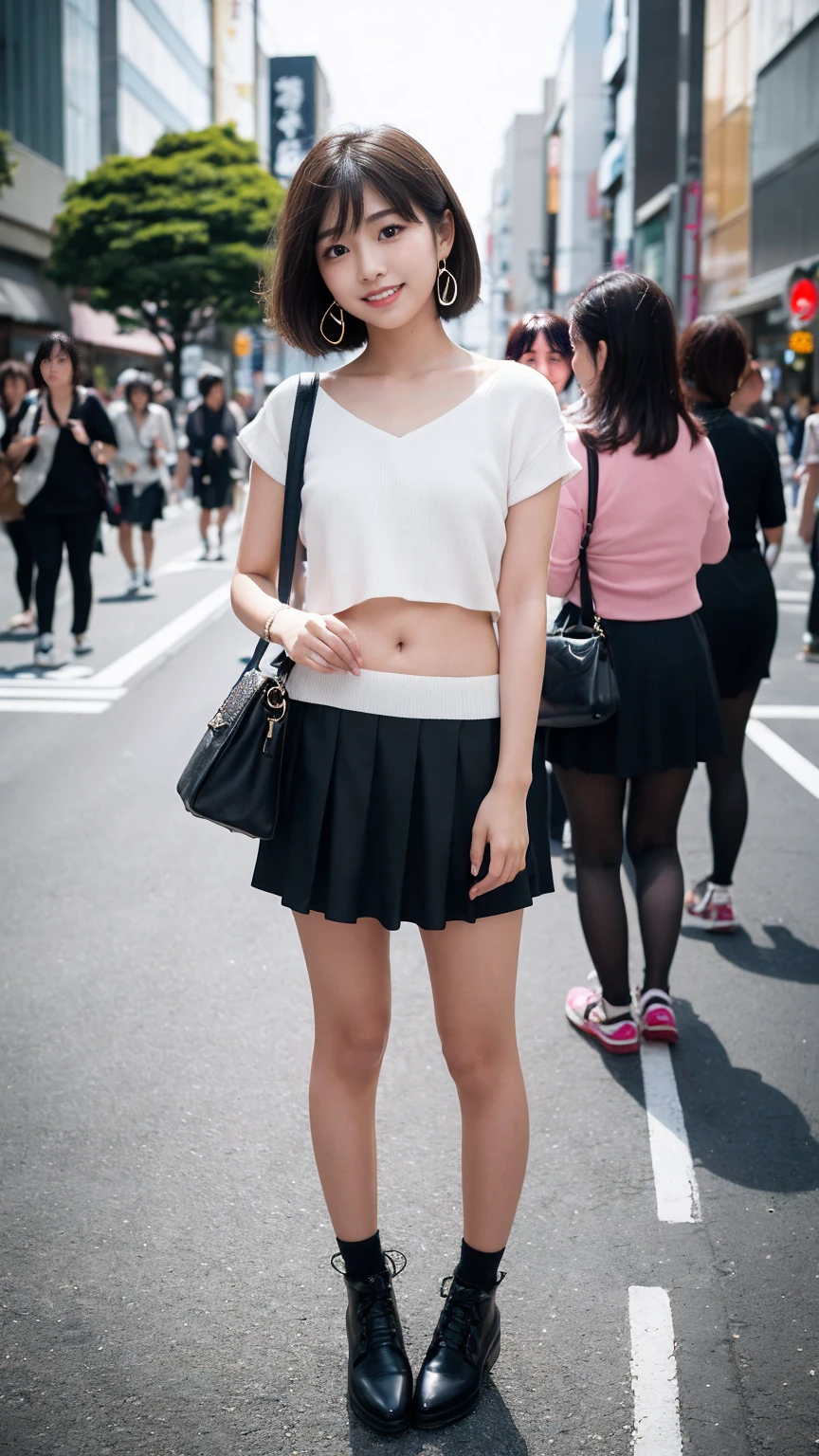 extremely detailed CG unity 8k wallpaper, best quality, ultra-detailed, masterpiece, realistic, photo realistic, extremely detailed cute girl, 20years old, (((skirt lift by myself))), (lifted by self),  panties , panties focus, blush, parted lips, looking at viewer  , half body shot  , (crowd), (on the streets of tokyo) , short bob cut