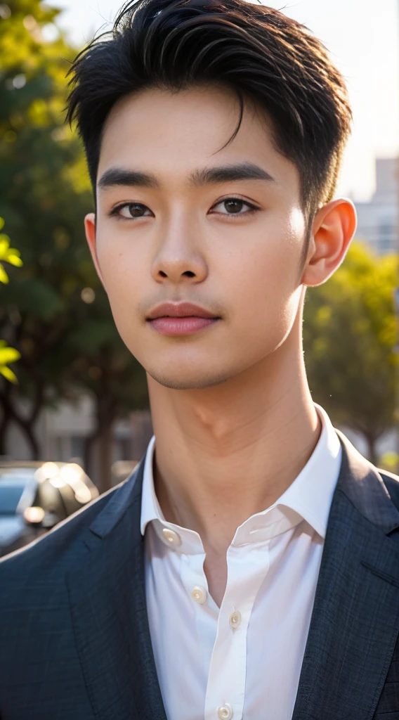 (realistically, Masterpiece, High resolution 8K, good light quality, Portrait, closed on face, complicated details), Handsome Korean Uncle, Beard,Age 40, Staring at desire, detailed face, Detailed eyes, look at the sky, shirt, suit lac suit,tick,黑Eyes, (Pale skin), body standards,brown hair, smooth hair,Big Back, Outdoor activities, evening, sunset,office room, Exaggerated, impersonal