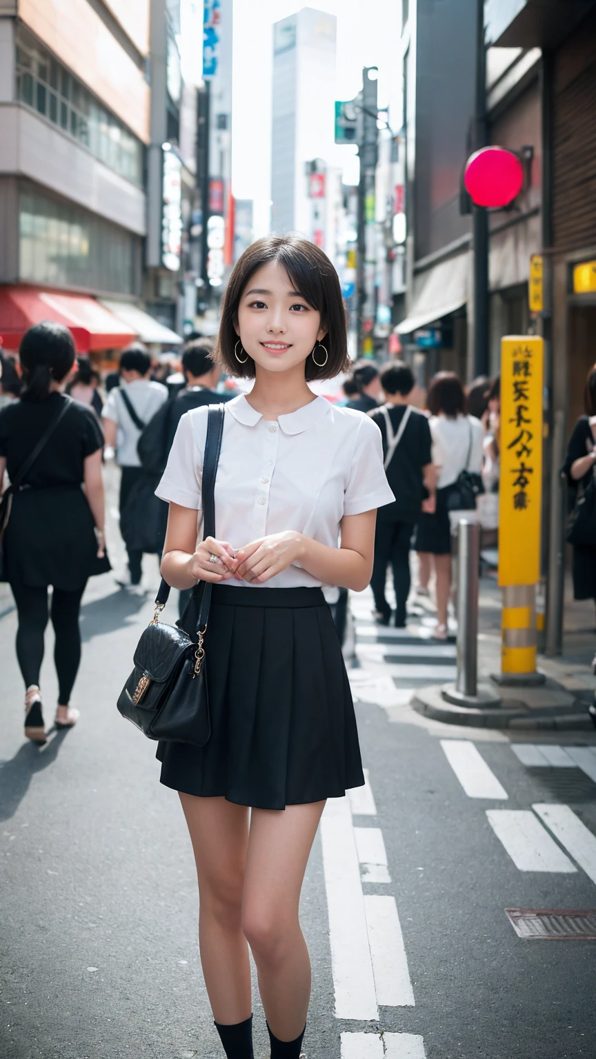 (Surrealism, RAW Photos, Unbelievably absurd, Nikon, 8K, Super detailed, masterpiece, Intricate details), 
(Anatomically correct, The perfect human body, Beautiful and cute face, Silky skin), 
(16 years old, Japanese Girls, Bored face, Haruka Fukuhara, Small waist and full body, Thin legs, Large Breasts, Baby Face), 
((Round face, Black Hair, Short Bob Cut, bangs, Lowered eyebrows, Watery eyes, Shining Eyes, Small earrings, A slight blush)), 
(Street Snap, Random Pause, Pinch the skirt), 
(Looking down at the viewer, Looking at the camera, Close your eyes and smile), 
((Micro Mini Skirt, flashy teen outfit, Small Bag)), 
(Tokyo, Shibuya Ward, Main Street, Very busy roads), 
Natural light, full length, whole body, Angle from below