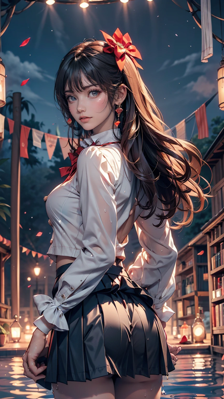 Browsing Caution,((masterpiece)),(((Highest quality))),((Super detailed)),((((Realistic)))),((Disheveled Hair)),((Frills)),(1 Girl),(alone),Sex from behind, (((Ass Focus))),,lipstick,Dynamic Angle,Big Top Sleeves,floating,Beautiful detailed sky,Beautiful detailed water,Beautiful fine details,Exposure,(fist),Expressionless,Blunt Side Bangs,Hair between the eyes,ribbon,A bow tie,button,Shoulder Bare,(((Small breasts))),Detailed wet clothes,Blank face,Pleated skirt,Flowers