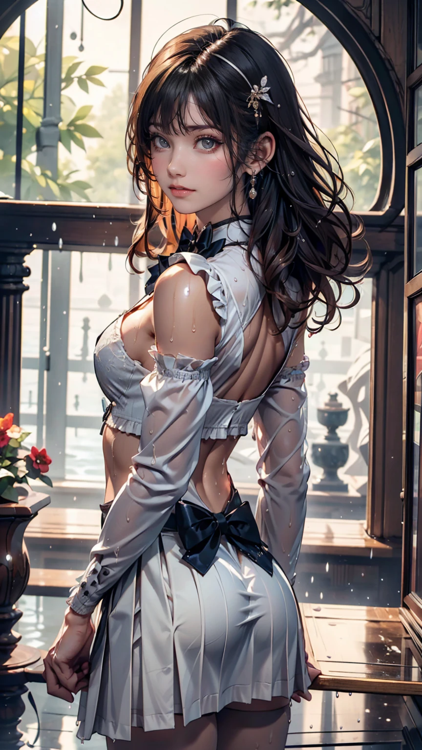 Browsing Caution,((masterpiece)),(((Highest quality))),((Super detailed)),((((Realistic)))),((Disheveled Hair)),((Frills)),(1 Girl),(alone),Sex from behind, (((Ass Focus))),,lipstick,Dynamic Angle,Big Top Sleeves,floating,Beautiful detailed sky,Beautiful detailed water,Beautiful fine details,Exposure,(fist),Expressionless,Blunt Side Bangs,Hair between the eyes,ribbon,A bow tie,button,Shoulder Bare,(((Small breasts))),Detailed wet clothes,Blank face,Pleated skirt,Flowers