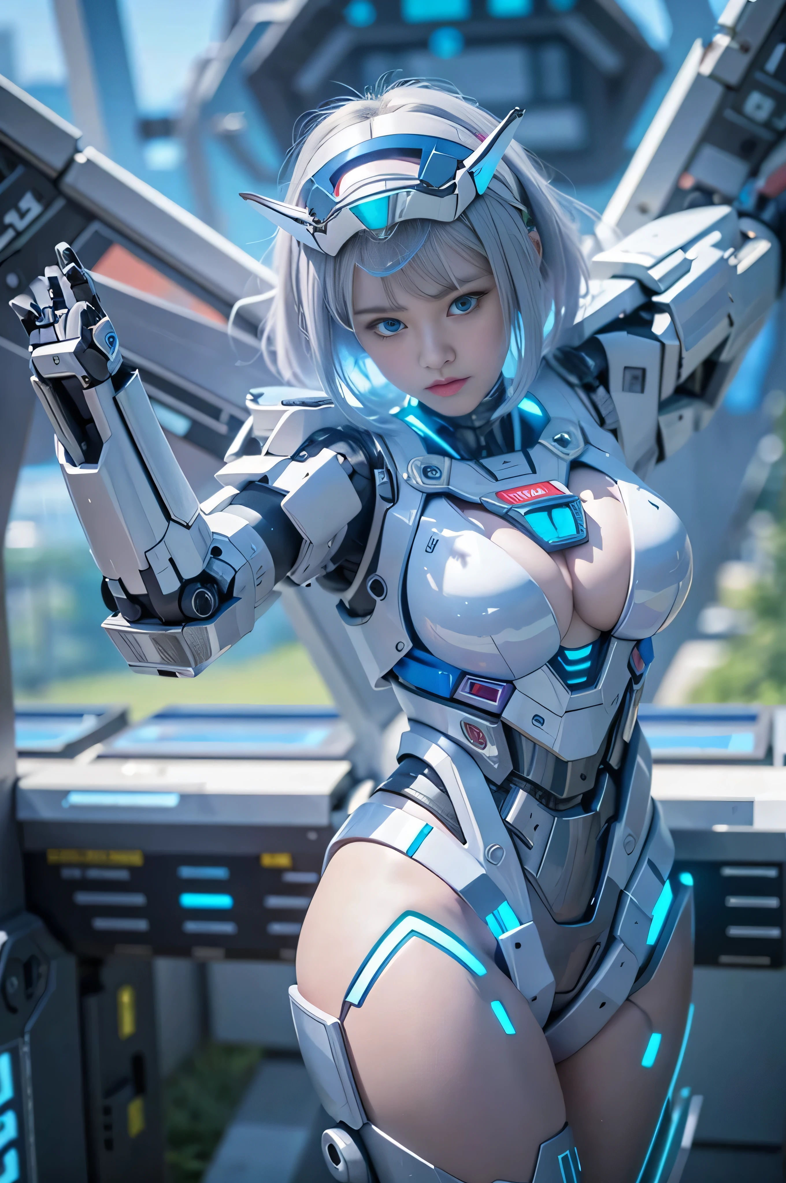 (Raw quality:1.4), Wide-angle shot, 1 female, Mecha, Sparkling Blue Eyes, Very cute face, (Realistic:1.37), バイオMechaニカル, Complex robot, Spaceship interior bokeh background, Ultra-realistic, Very detailed, Very intricate detail, Beautiful woman in sharp focus, The machine is holding both of his arms, Exposed belly, crucifixion, spread_arms,