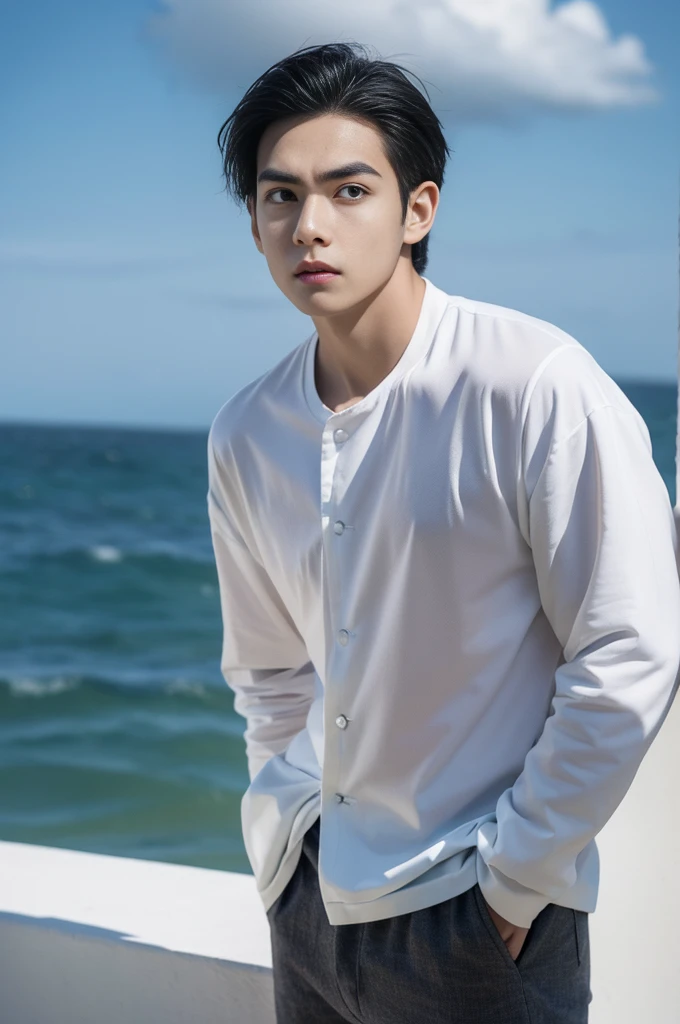 A young man in a shirt stood by the sea with a serious expression., looking into the distance，Eyebrows frowned.，He looked worried.，Turn your head slightly.，Cloudy day