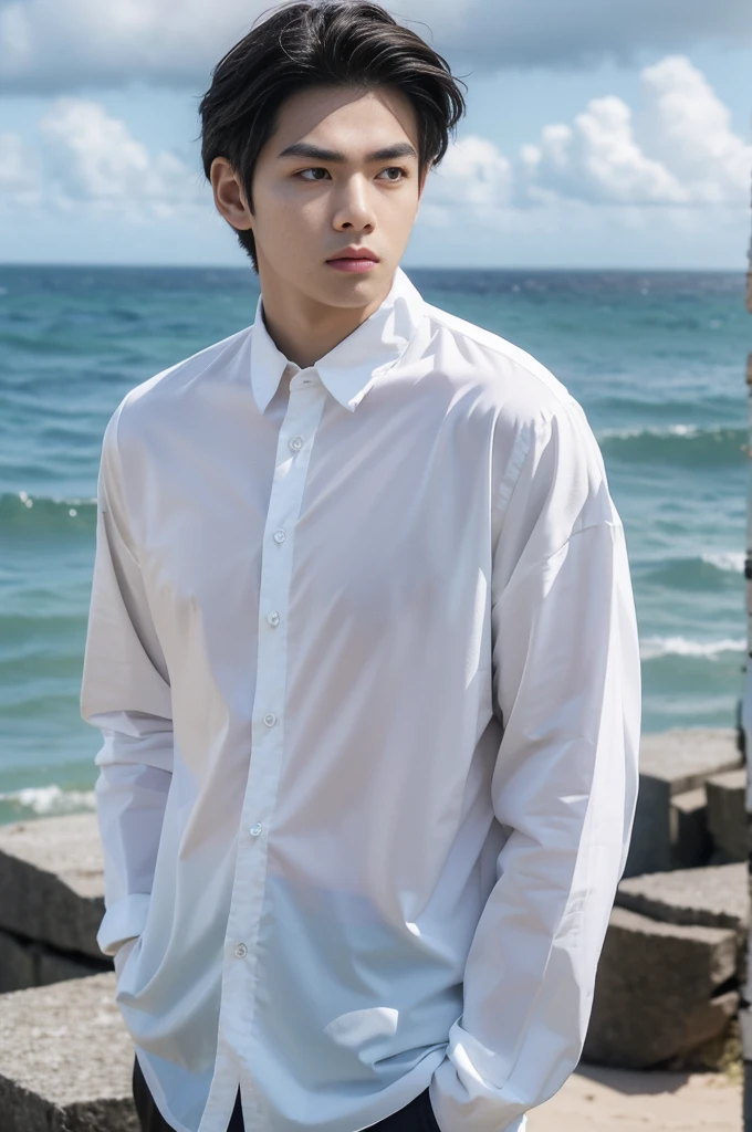 A young man in a shirt stood by the sea with a serious expression., looking into the distance,Eyebrows frowned.,He looked worried.,Turn your head slightly.,Cloudy day
