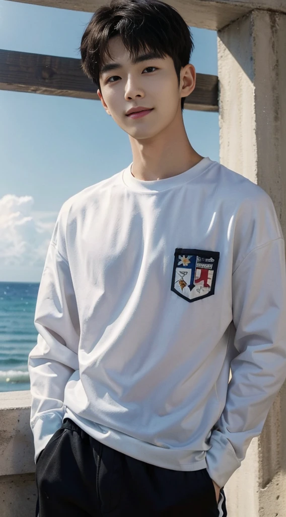 (As a matter of fact, Masterpiece, 8k HD, good light quality, sportswear, fit the face, complicated details), Handsome Korean young man, 20 years old, be happy, smile brightly, detailed face, delicate eyes, มองดูsky, Wear casual clothes, period, black eyes, Black hair color, ผมsmooth, smooth, outdoor sports, By the sea, Sunny,sky，Surreal，Awesome details，Highest quality，real，