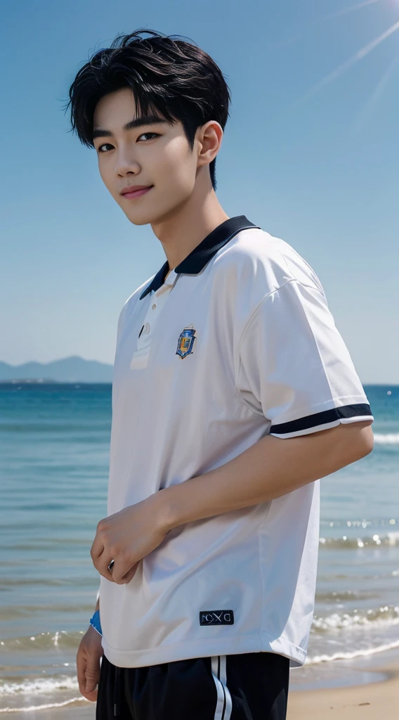 (As a matter of fact, Masterpiece, 8k HD, good light quality, sportswear, fit the face, complicated details), Handsome Korean young man, 20 years old, be happy, smile brightly, detailed face, delicate eyes, มองดูsky, Wear casual clothes, period, black eyes, Black hair color, ผมsmooth, smooth, outdoor sports, By the sea, Sunny,sky,Surreal,Awesome details,Highest quality,real,