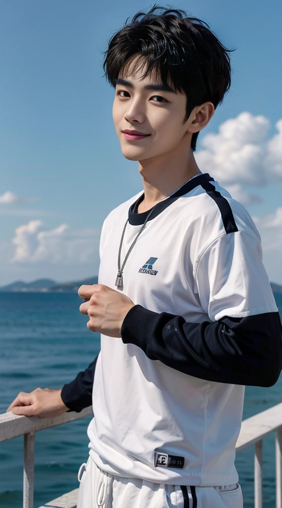 (As a matter of fact, Masterpiece, 8k HD, good light quality, sportswear, fit the face, complicated details), Handsome Korean young man, 20 years old, be happy, smile brightly, detailed face, delicate eyes, มองดูsky, Wear casual clothes, period, black eyes, Black hair color, ผมsmooth, smooth, outdoor sports, By the sea, Sunny,sky，Surreal，Awesome details，Highest quality，real，