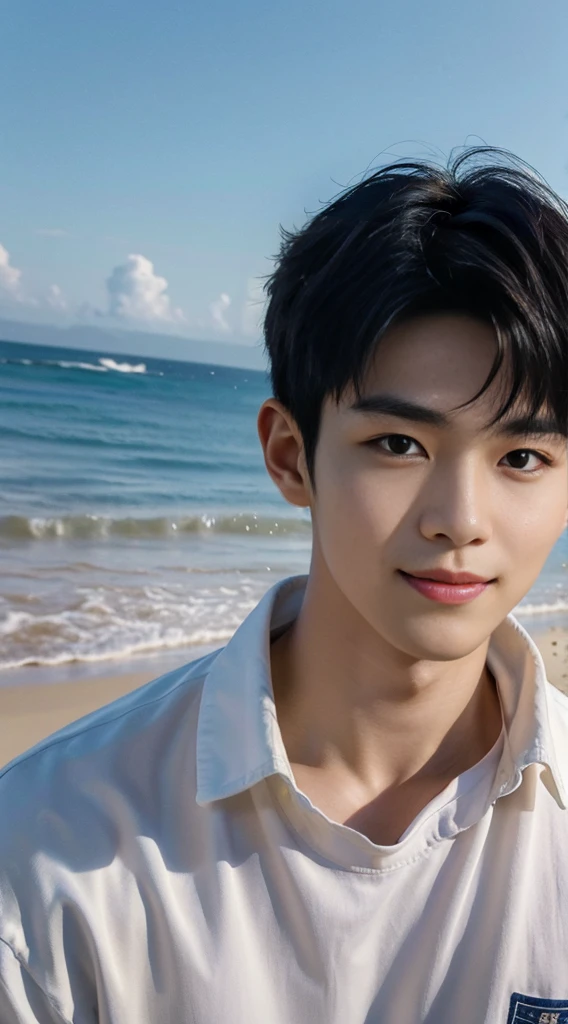 (As a matter of fact, Masterpiece, 8k HD, good light quality, sportswear, fit the face, complicated details), Handsome Korean young man, 20 years old, be happy, smile brightly, detailed face, delicate eyes, มองดูsky, Wear casual clothes, period, black eyes, Black hair color, ผมsmooth, smooth, outdoor sports, By the sea, Sunny,sky,Surreal,Awesome details,Highest quality,real,