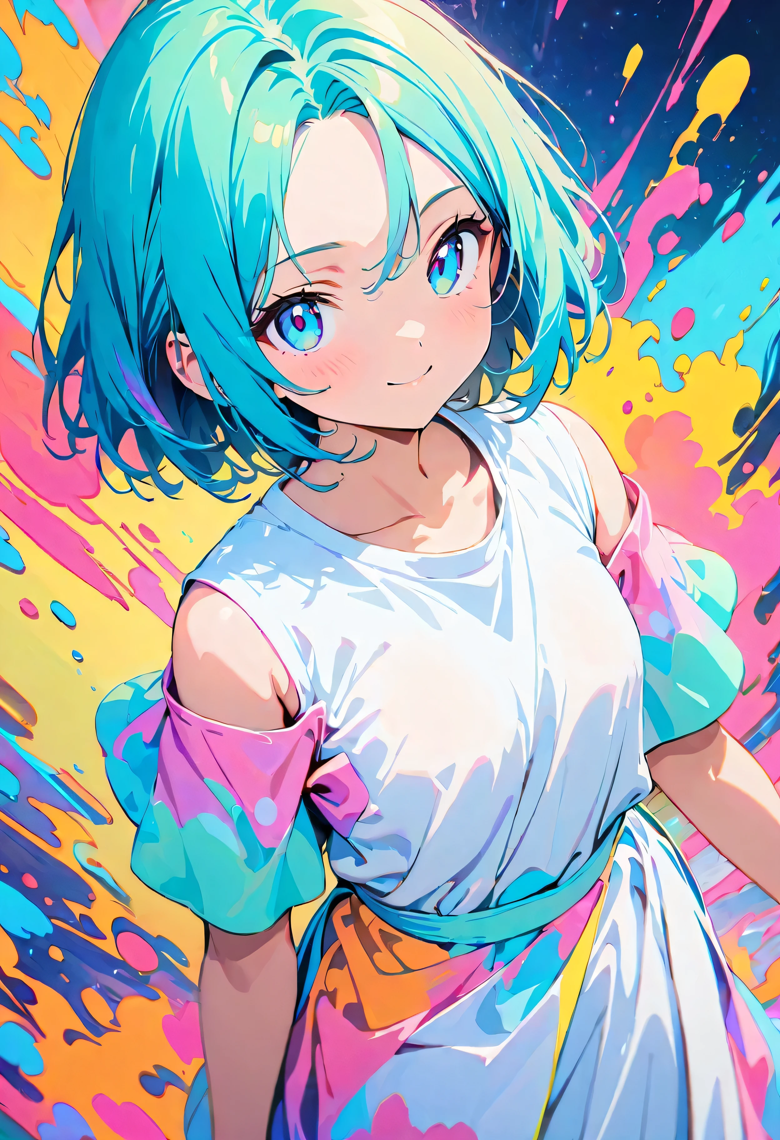 (masterpiece, Highest quality, Official Art:1.2), (colorful), Perfect Anatomy, Looking at the audience,One Girl, alone, White Background, floating colorful water, Ultra-fine illustrations, Highly Details, Dynamic Angle, Beautiful detailed, 8K, 壊す smiling amidst the colorful scenes, (High resolution), Anime Style, (Fractal Art:1.1), pastel colour, ************, Center parted short bob, hair between eyes, forehead