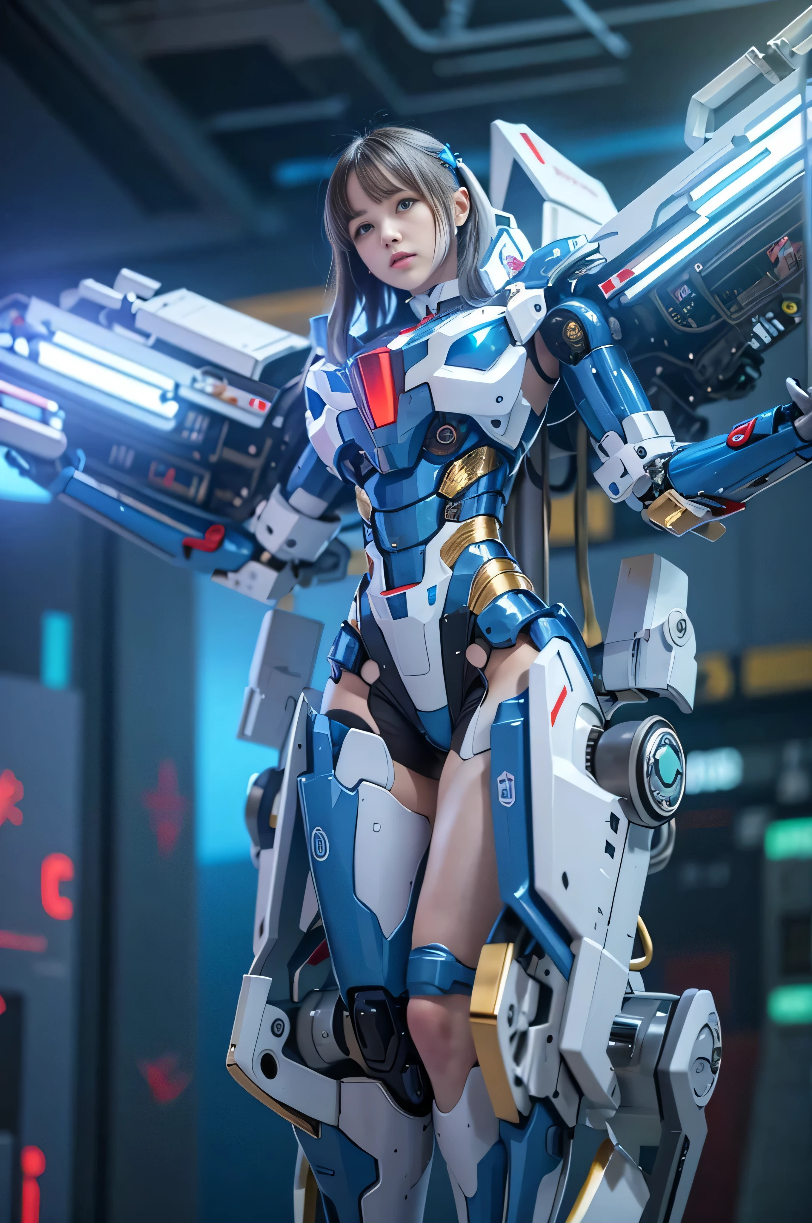(Raw quality:1.4), Wide-angle shot, 1 female, Mecha, Sparkling Blue Eyes, Very cute face, (Realistic:1.37), バイオMechaニカル, Complex robot, Spaceship interior bokeh background, Ultra-realistic, Very detailed, Very intricate detail, Beautiful woman in sharp focus, The machine is holding both of his arms, Exposed belly, crucifixion, spread_arms,