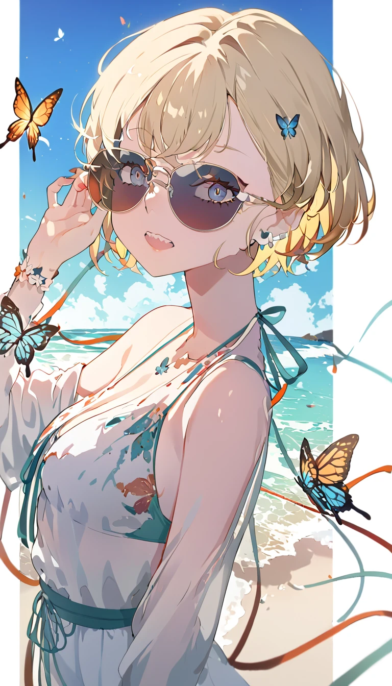 ((8K resolution))、((highest quality))、((masterpiece))、((Super detailed))((((dramatic))),woman、sunglasses、double teeth、short hair、blonde、swimsuit、 Image colorBlue、Ocean、blue sky、butterfly、erase the shadow、colorful、character concept、anime、(focus on character)