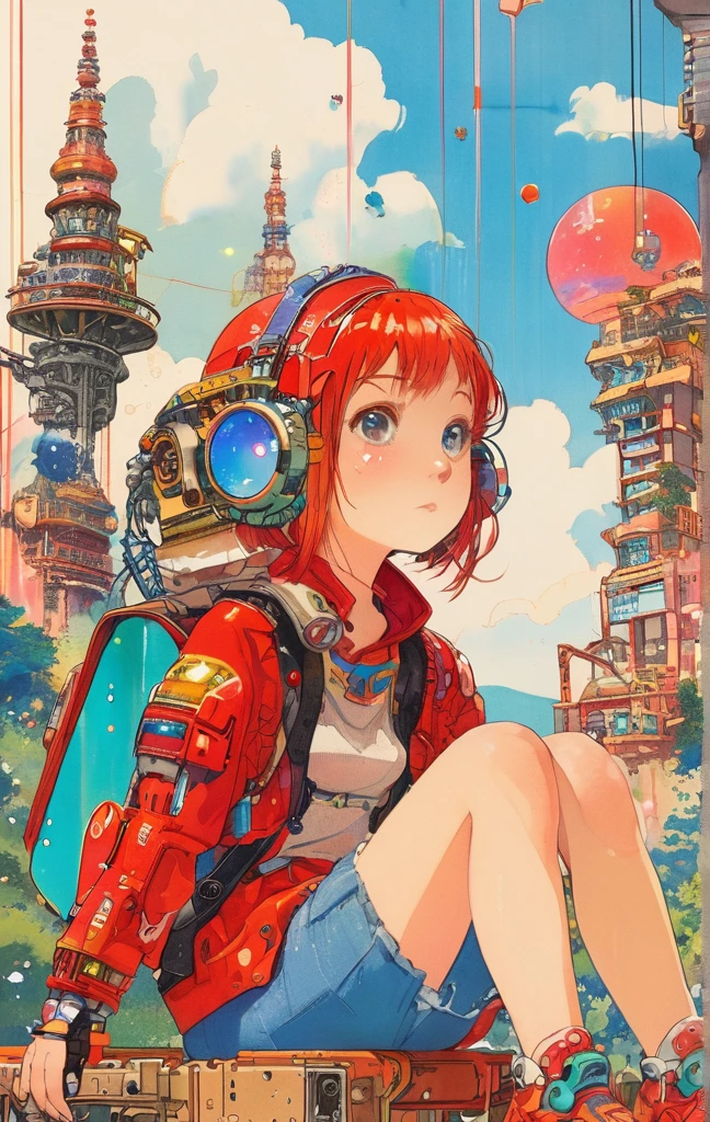 On a bright red campus"YES"Character、A colorful and dreamy anime-style illustration of a young girl with short red hair, sitting amidst a vibrant, mechanical landscape. She is wearing a casual outfit with mechanical leg armor, surrounded by a kaleidoscope of colors and glowing lights. The background is filled with whimsical details and a magical atmosphere