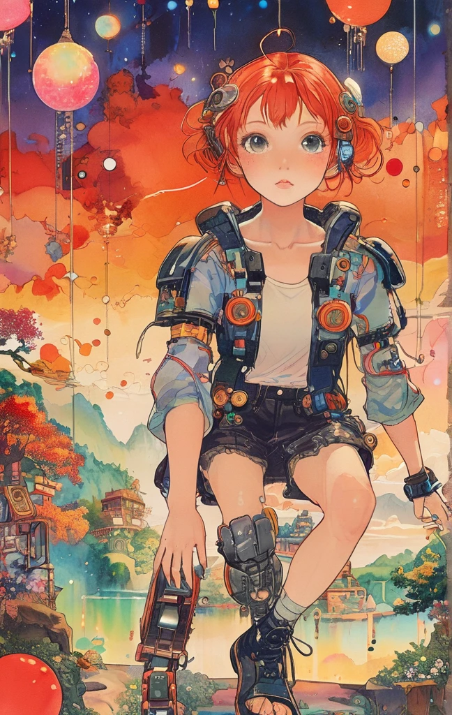 On a bright red campus"YES"Character、A colorful and dreamy anime-style illustration of a young girl with short red hair, sitting amidst a vibrant, mechanical landscape. She is wearing a casual outfit with mechanical leg armor, surrounded by a kaleidoscope of colors and glowing lights. The background is filled with whimsical details and a magical atmosphere