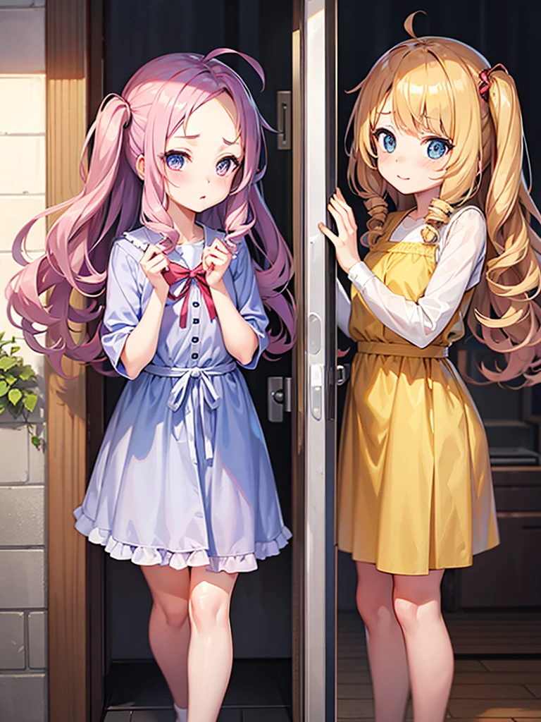 Anime girl curtain bangs curly on both side showing forehead