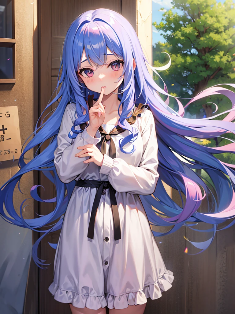 Anime girl curtain bangs curly on both side showing forehead