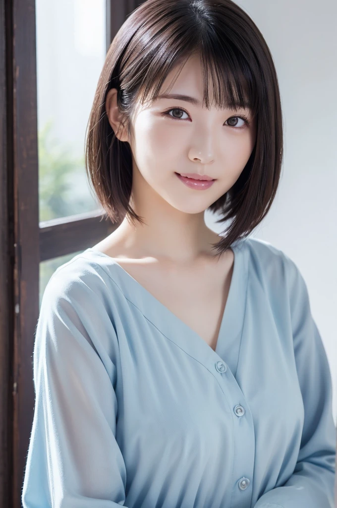 (Super beautiful girl:1.2), A neat and clean woman, masterpiece, Highest quality, Great Skin, Delicate face, A cool smile, Young Face, Clean look, Twinkle Eyes, double eyelid, Ample breasts、 ((High resolution)), ((Highly detailed CG Unity 8k wallpaper)), short hair, bangs, Elegant rounded bob, Face is angled and looking straight ahead、 Portrait of a woman in light blue clothes, captivating and mesmerizing, Dimly lit room, sentimental、all nude:1.5