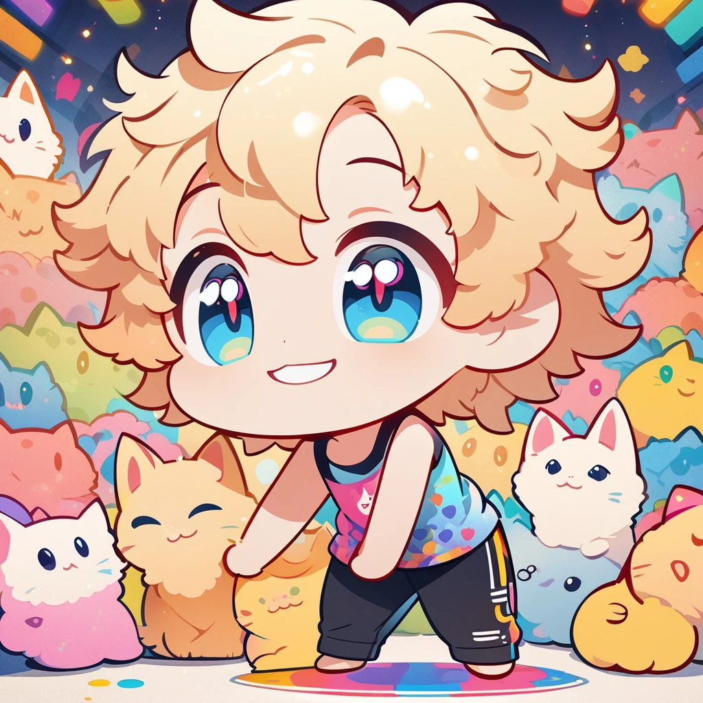 masterpiece、Highest quality、Depth of subject、2D illustration、1 beautiful boy、solo, (((chibi style)))、Short, messy hair、Shiny blonde hair、cute、Beautifully detailed eyes、((Tank top)), ((colorful))、long pants、((happy smile))、((kitten cluster)), ((full body shot))、((in the room))、((There's a lot of blue around))、Thighs、((vivid color))、sparkle、((Lens flare))、