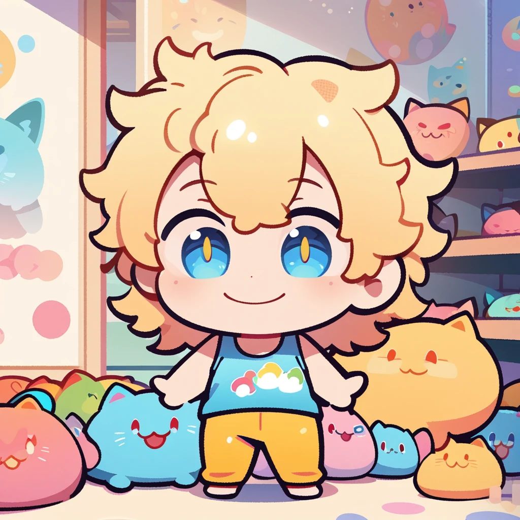 masterpiece、Highest quality、Depth of subject、２D illustration、1 beautiful boy、solo, (((chibi style)))、Short, messy hair、Shiny blonde hair、cute、Beautifully detailed eyes、((Tank top)), ((colorful))、long pants、((happy smile))、((kitten cluster)), ((full body shot))、((in the room))、((There&#39;s a lot of blue around))、Thighs、((vivid color))、sparkle、((Lens flare))、