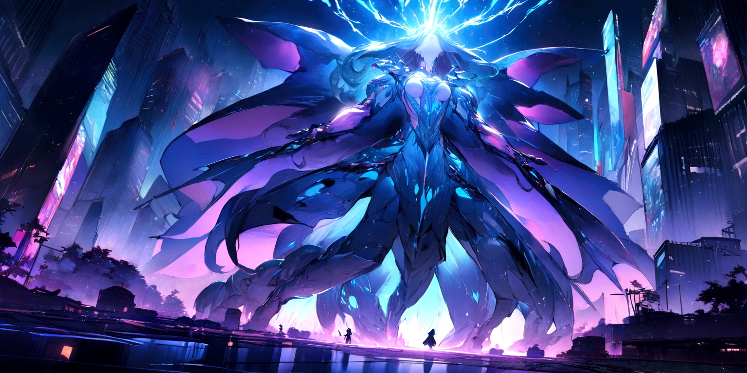 ((masterpiece, Highest quality, Best image quality, High resolution、８ｋ)) Woman riding a dromedary、Leading the spirits carrying instruments such as trumpets and cymbals、Very flashy、The whole body is covered in a blue aura.、Glowing blue eyes and advanced cybernetic enhancements. Seen in dynamic action poses, reflection on a smooth surface. The cityscape below is filled with towering skyscrapers., illuminated by colorful holographic advertisements, Shining with blue energy, Mighty power. The overall atmosphere is dark and mysterious., It had a futuristic techno vibe.. The lighting is dramatic, Intense highlights and deep shadows, Creates depth and tension. Color Palette