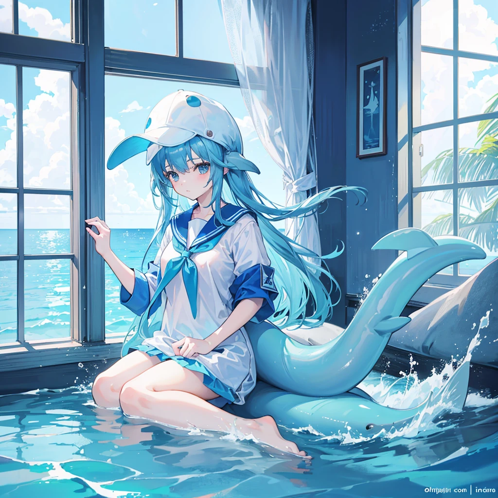 highest quality,whole body,long hair,girl,one young girl,dolphin hat,window made of water,Sea Background,blue sky,girl with dolphin tail,light blue hair,sailor suit