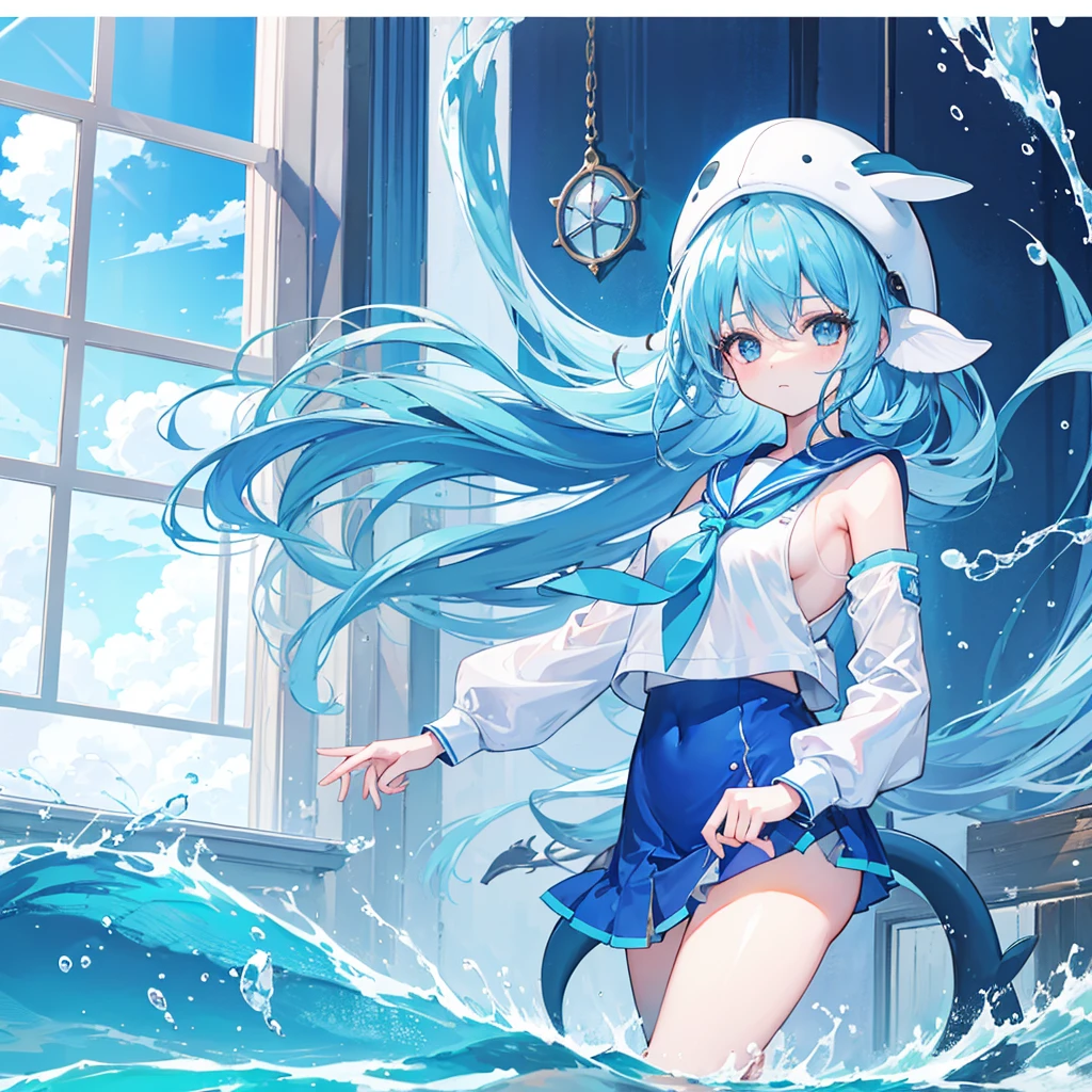 highest quality,whole body,long hair,girl,one young girl,dolphin hat,window made of water,Sea Background,blue sky,girl with dolphin tail,light blue hair,sailor suit