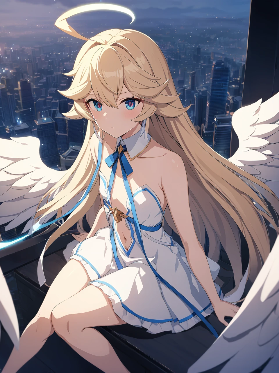 Zaora, blue eyes, (Variegated eyes:0.5), Blonde, Very long hair, Twin Blade, bangs, Ahoge, Hello, Angel, Flat , White Dress, Belly button cutout, Detachable collar, Strapless, Neck ribbon,  shoulders, Angel wings, barefoot, One girl, Solo Break Space, City, Depth of written boundary, Cinematic, masterpiece, Highest quality, Game CG