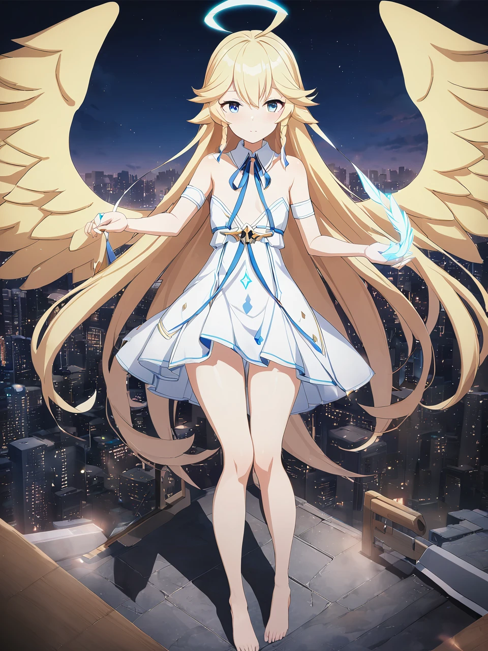 Zaora, blue eyes, (Variegated eyes:0.5), Blonde, Very long hair, Twin Blade, bangs, Ahoge, Hello, Angel, Flat Chest, White Dress, Belly button cutout, Detachable collar, Strapless, Neck ribbon, Bare shoulders, Angel wings, barefoot, One girl, Solo Break Space, City, Depth of written boundary, Cinematic, masterpiece, Highest quality, Game CG