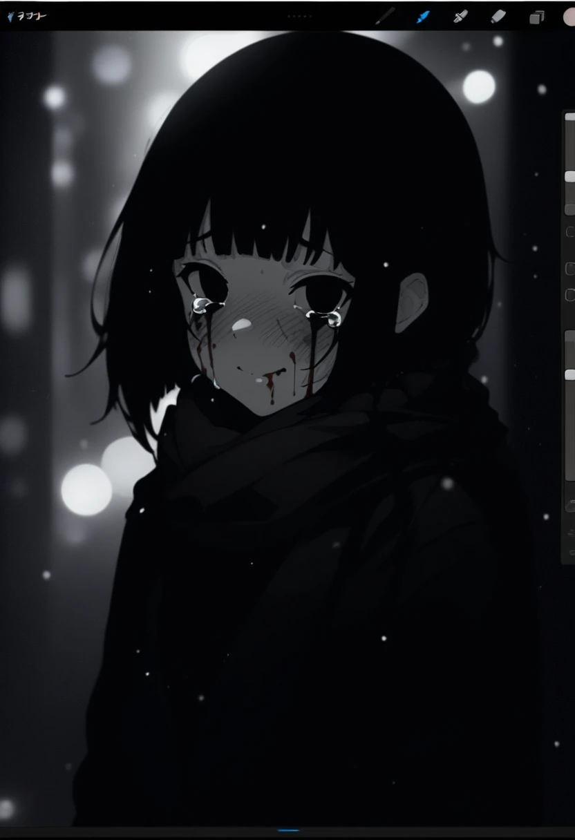 masterpiece, best quality, 1girl, misekai 555, official art, gawr gura with black bob cut and black eyes
greyscale, manga style, japanese, chi no wadachi, black eyes, eyelashes, street, iced, black hair, schoolbag, smile, crying, tears, tears streaming, blood, blood_from_mouth, bruise, nosebleed, lineart, face against the ground, looking at viewer, blood on face, black coat, black scarf, 35 years old, mature_female:1, tall, fair skinned, bokeh background, streaming, bob cut, light particles, centered, snowing, emotional anime scene, (very aesthetic, best quality, ultra detailed), intricate details, red and blue lights flashing,