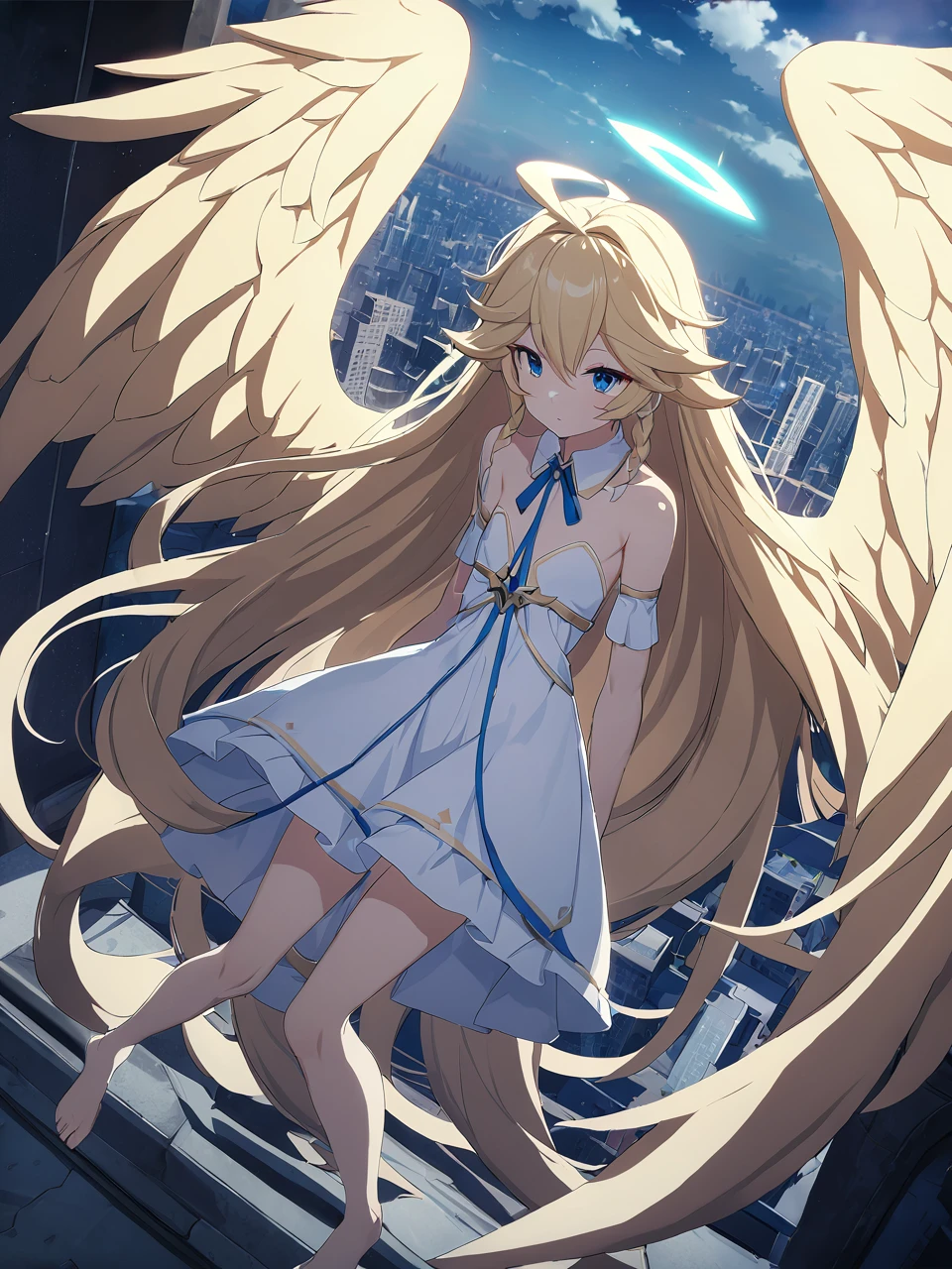 Zaora, blue eyes, (Variegated eyes:0.5), Blonde, Very long hair, Twin Blade, bangs, Ahoge, Hello, Angel, Flat Chest, White Dress, Belly button cutout, Detachable collar, Strapless, Neck ribbon, Bare shoulders, Angel wings, barefoot, One girl, Solo Break Space, City, Depth of written boundary, Cinematic, masterpiece, Highest quality, Game CG