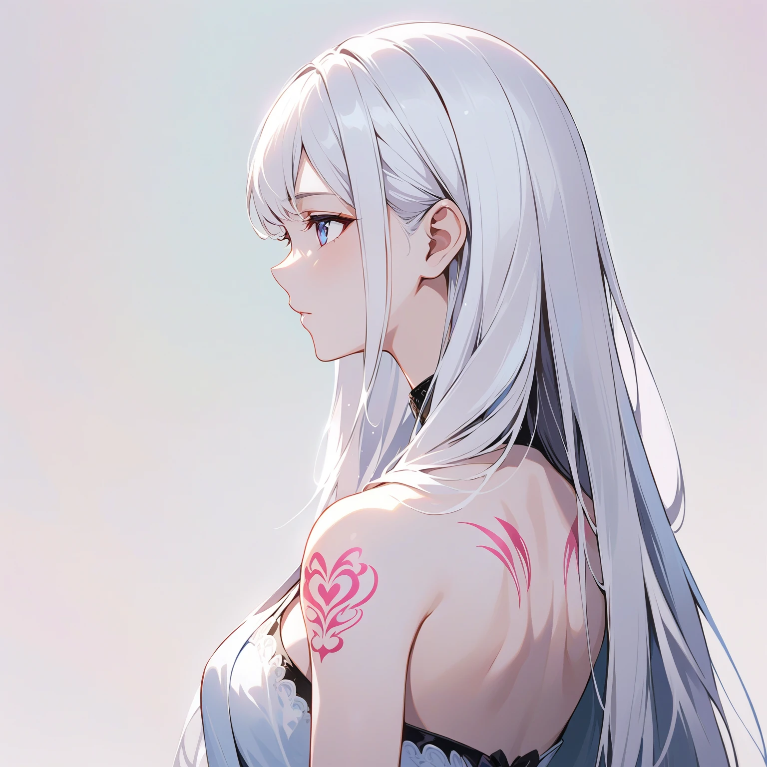 Anime girl with long white hair and pink tattoo on chest, Anime Girl Profile, Beautiful anime girl, White hair girl, Beautiful anime woman, Smooth anime CG art, Perfect white-haired girl, White-haired deity, detailed Digital Animation Art, Beautiful anime portrait, Silver Hair girl, Digital Animation Art, Tifa Lockhart white hair, Silver Hair (Ponytail)