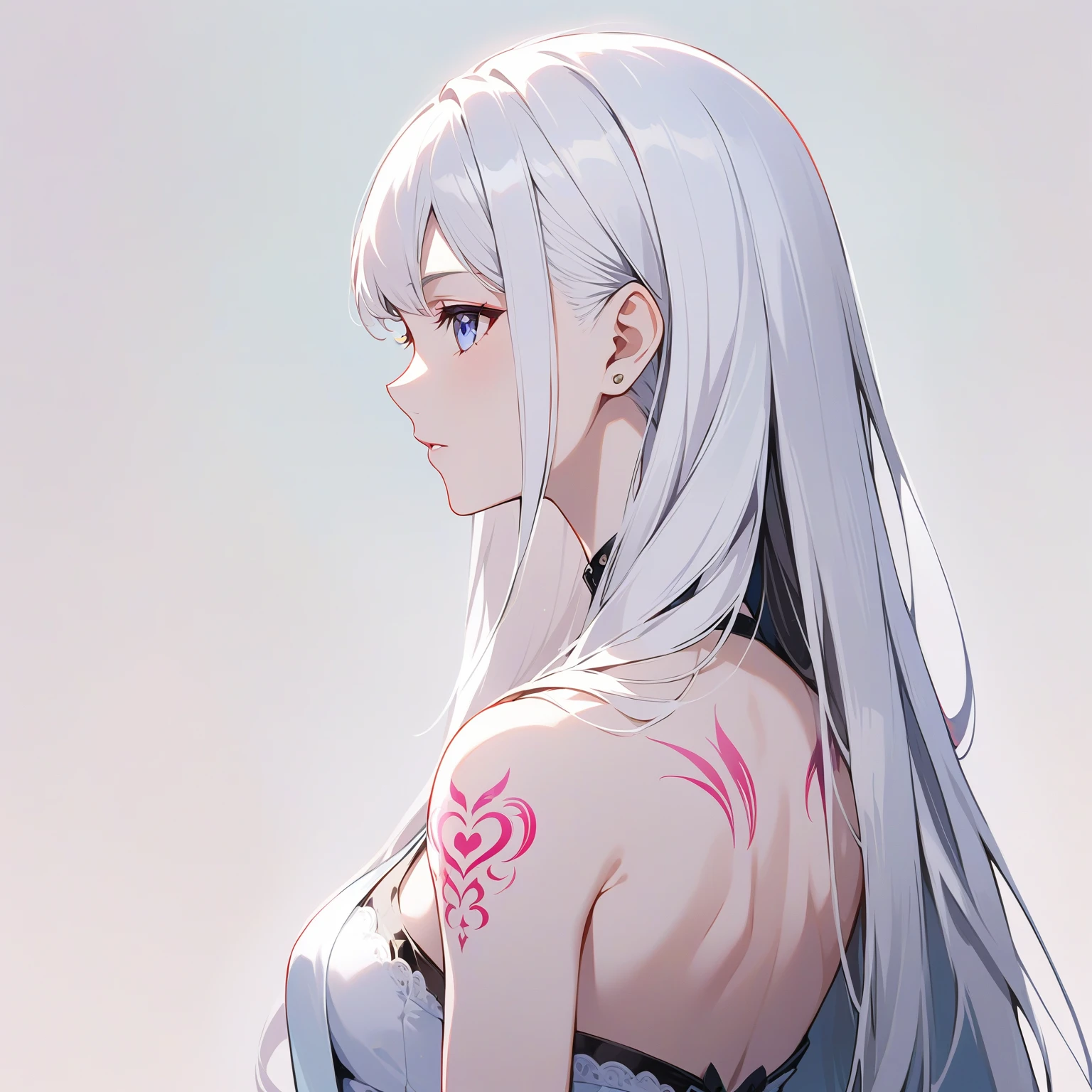 Anime girl with long white hair and pink tattoo on chest, Anime Girl Profile, Beautiful anime girl, White hair girl, Beautiful anime woman, Smooth anime CG art, Perfect white-haired girl, White-haired deity, detailed Digital Animation Art, Beautiful anime portrait, Silver Hair girl, Digital Animation Art, Tifa Lockhart white hair, Silver Hair (Ponytail)