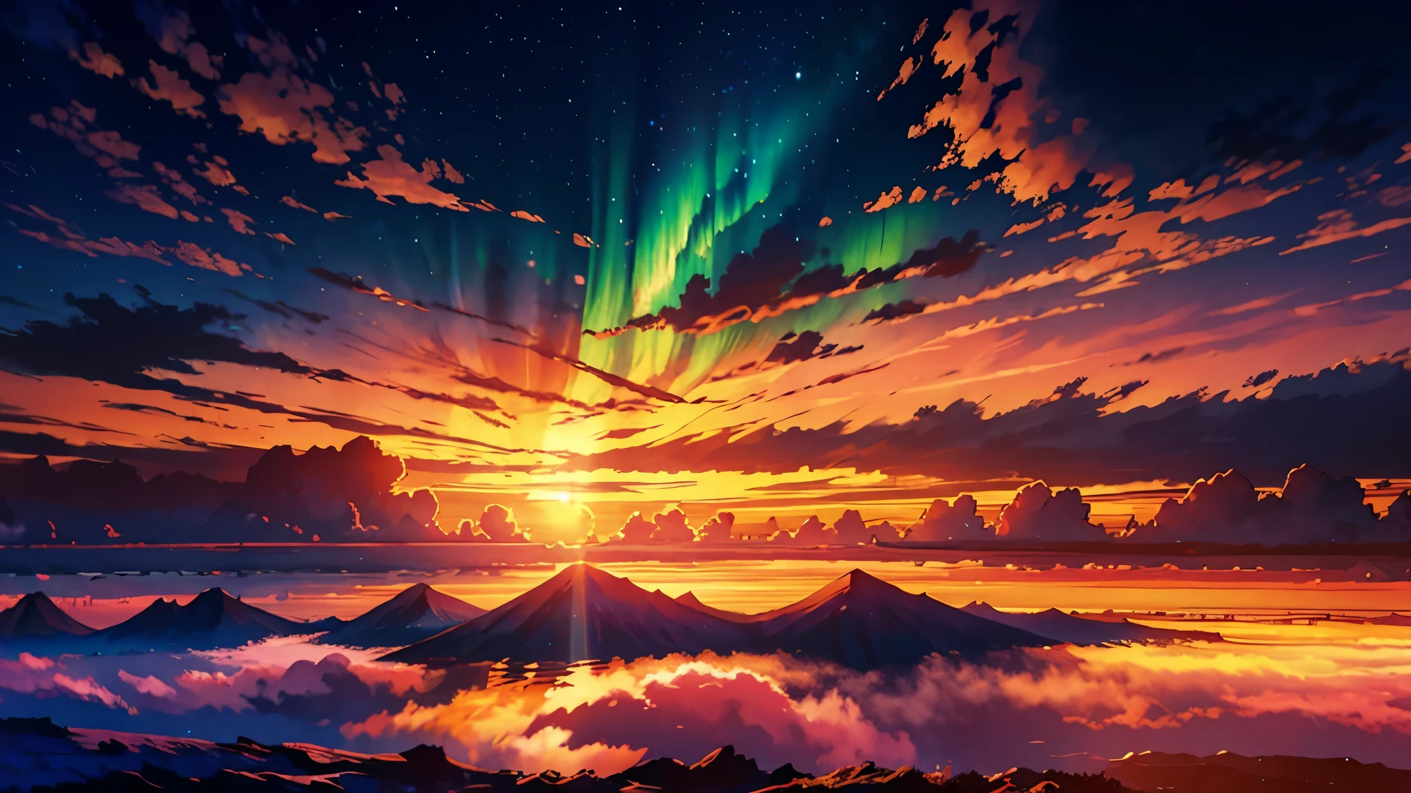 Anime-style digital painting of a horizon landscape with a sunset and aurora, amazing, Atmospheric,Soft and warm sunset light low angle, A palette of soft tones, such as pink, to accentuate the horizon, Orange and blue