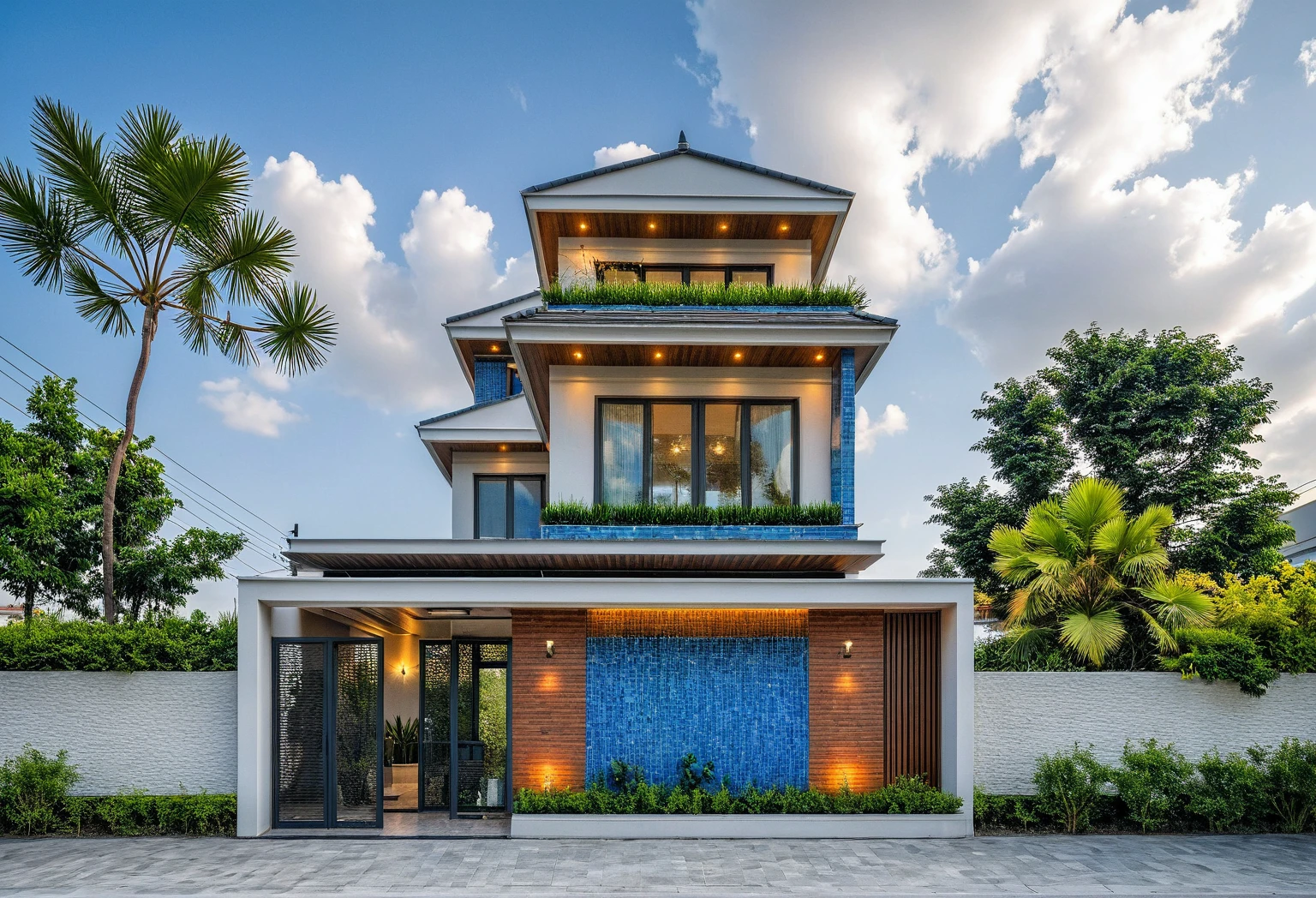 Masterpiece, high quality, best quality, authentic, super detailed, outdoor, one-story villa, blue tile roof, aiaigroup, modern house style on the street, stairs, white wall, road , sidewalk, grass, trees, sky, clouds, (daylight: 1.1),( (swimming pool in front of villa))