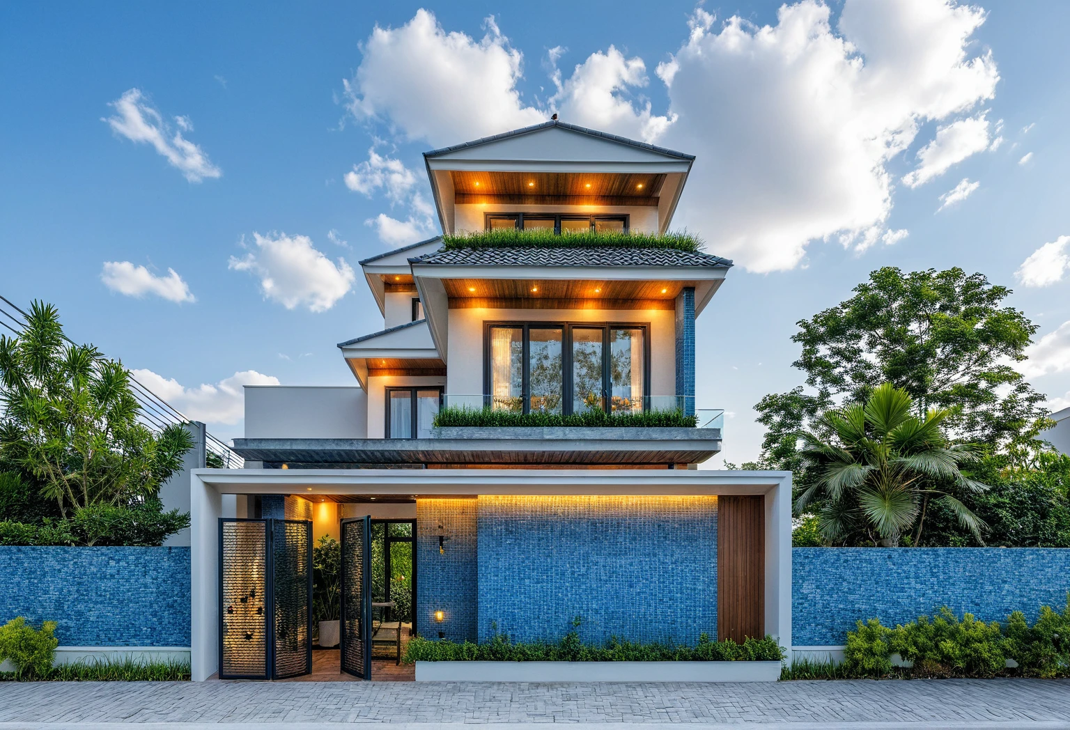 Masterpiece, high quality, best quality, authentic, super detailed, outdoor, one-story villa, blue tile roof, aiaigroup, modern house style on the street, stairs, white wall, road , sidewalk, grass, trees, sky, clouds, (daylight: 1.1),( (swimming pool in front of villa))