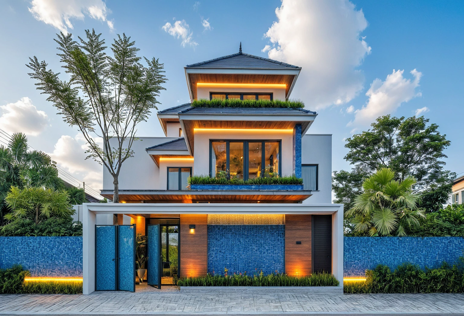 Masterpiece, high quality, best quality, authentic, super detailed, outdoor, one-story villa, blue tile roof, aiaigroup, modern house style on the street, stairs, white wall, road , sidewalk, grass, trees, sky, clouds, (daylight: 1.1),( (swimming pool in front of villa))