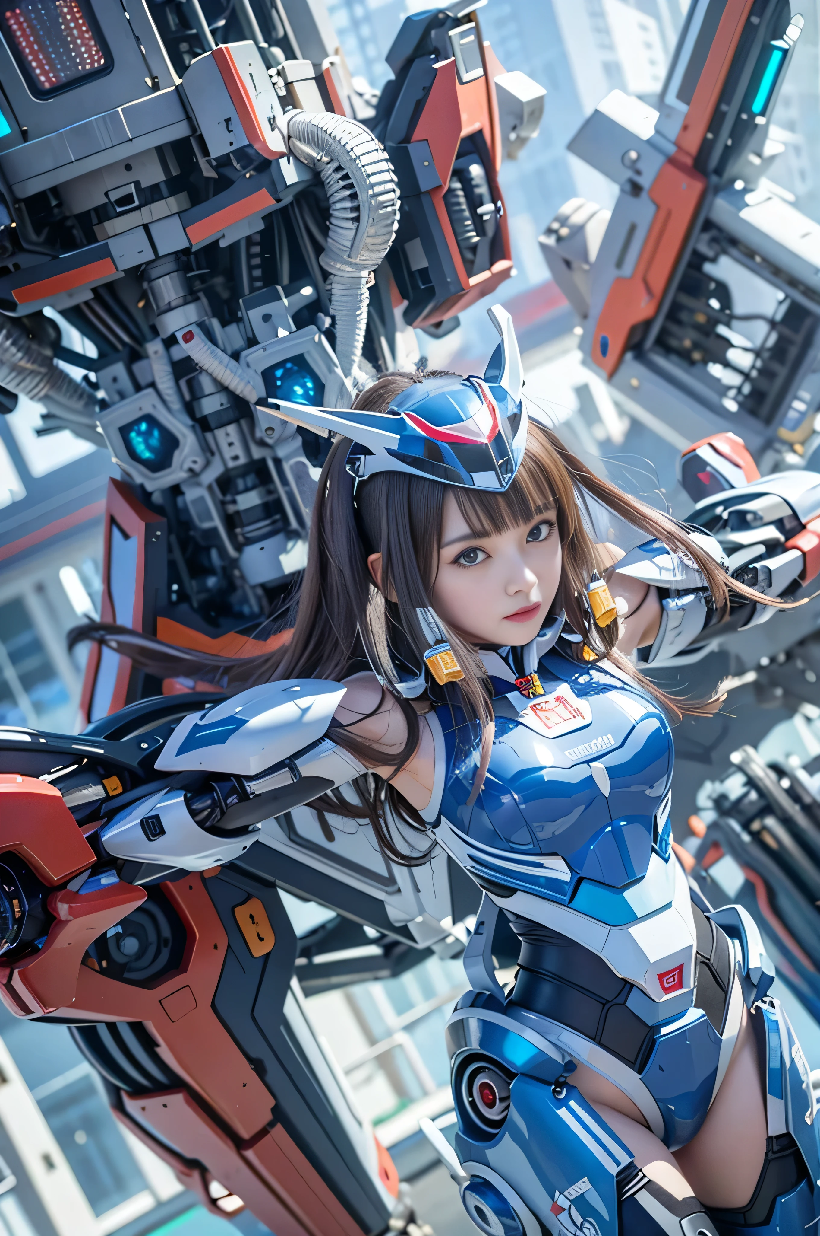 (Raw quality:1.4), Wide-angle shot, 1 female, Mecha, Sparkling Blue Eyes, Very cute face, (Realistic:1.37), バイオMechaニカル, Complex robot, Spaceship interior bokeh background, Ultra-realistic, Very detailed, Very intricate detail, Beautiful woman in sharp focus, The machine is holding both of his arms, Exposed belly, crucifixion, spread_arms,