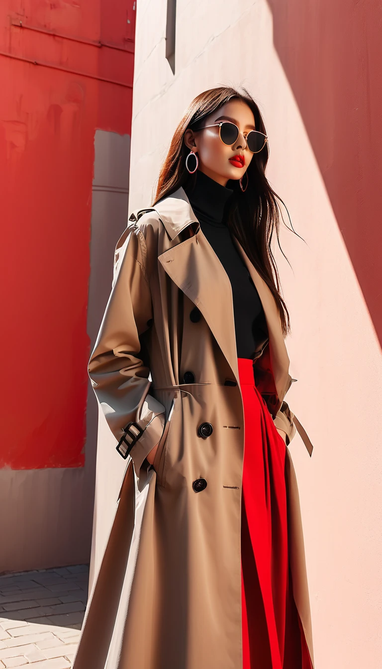 Simple vector illustration,Beautiful girl standing against the wall,unique,confidence,Long straight hair,sunglasses,Exaggerated earrings,unique,Staring at the audience),(Black deep V trench coat:1.37,Red bottoming skirt)。Looking from the bottom up,Geometric Light and Shadow,Clean and simple red background,Sense of space,White Space