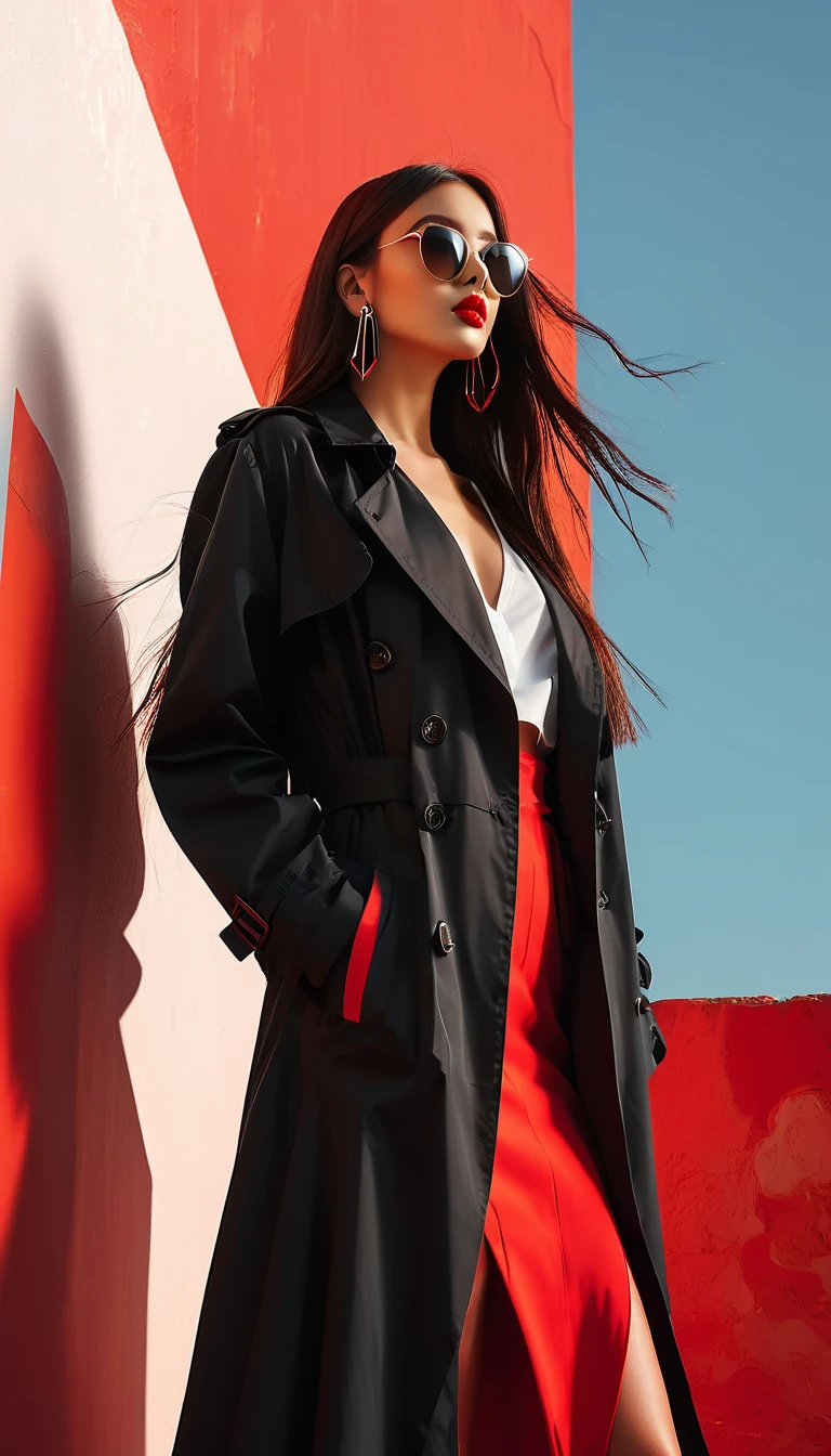 Simple vector illustration,Beautiful girl standing against the wall,unique,confidence,Long straight hair,sunglasses,Exaggerated earrings,unique,Staring at the audience),(Black deep V trench coat:1.37,Red bottoming skirt)。Looking from the bottom up,Geometric Light and Shadow,Clean and simple red background,Sense of space,White Space
