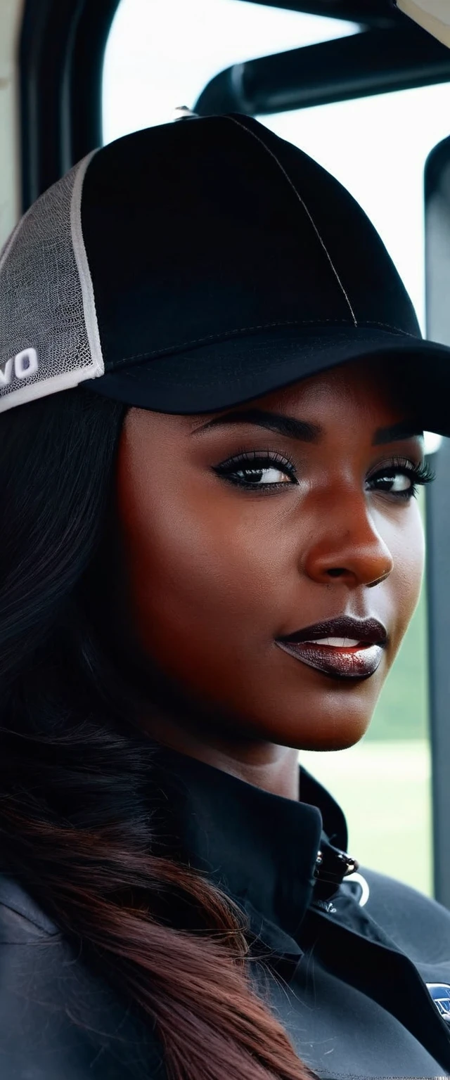 truck driver beautiful girl, black colour skin, close up, in the new volvo semi truck