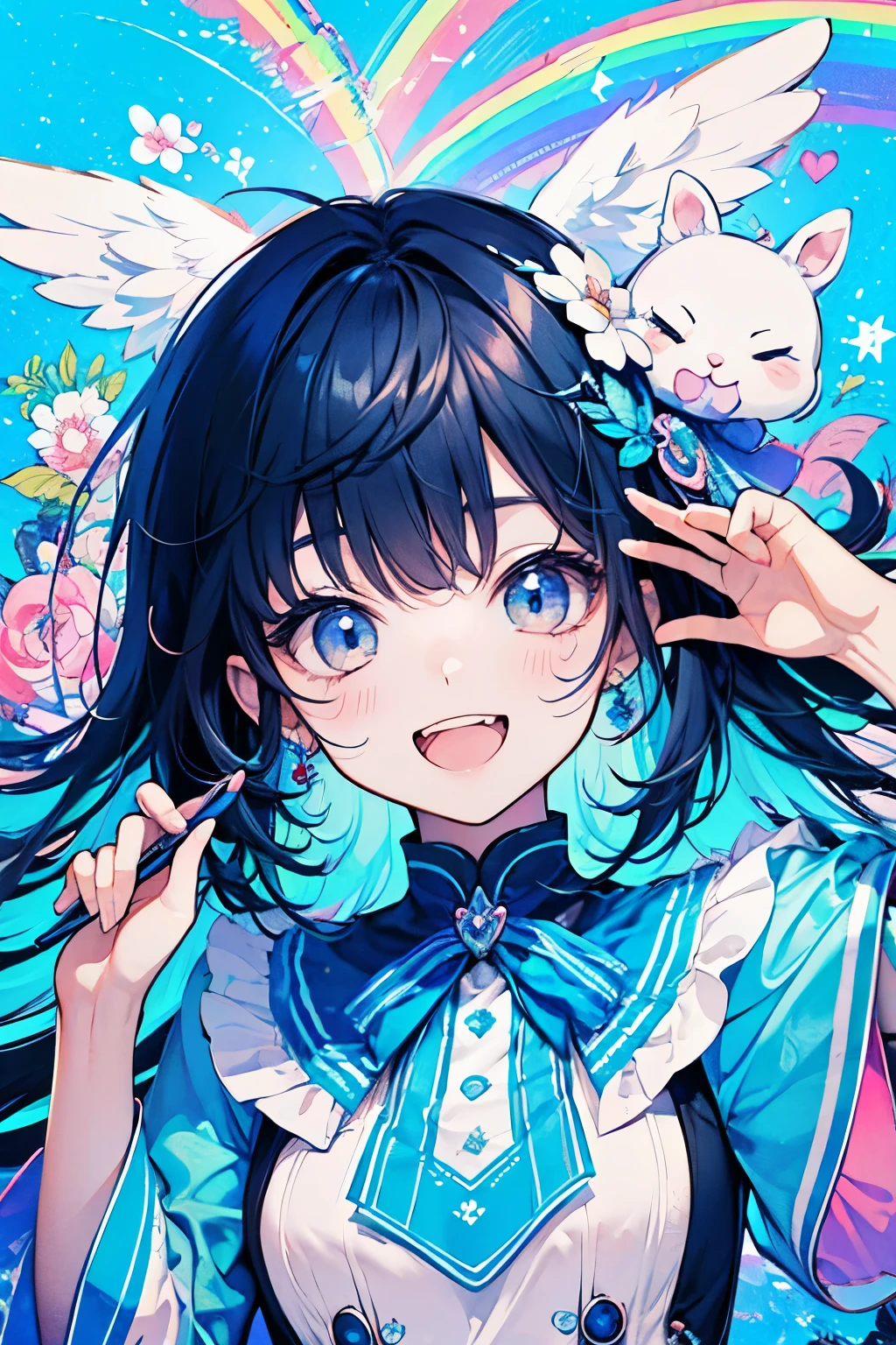 chibi character,Rabbit motif,(brush),((cute,kawaii,wonderland)),((pastel color)),((Cute assortment)),(Shy laugh),Shiny darkblue hair,(Rainbow),((Angel:1.2)),((Raise both hands up in the air and cheer:1.1)).