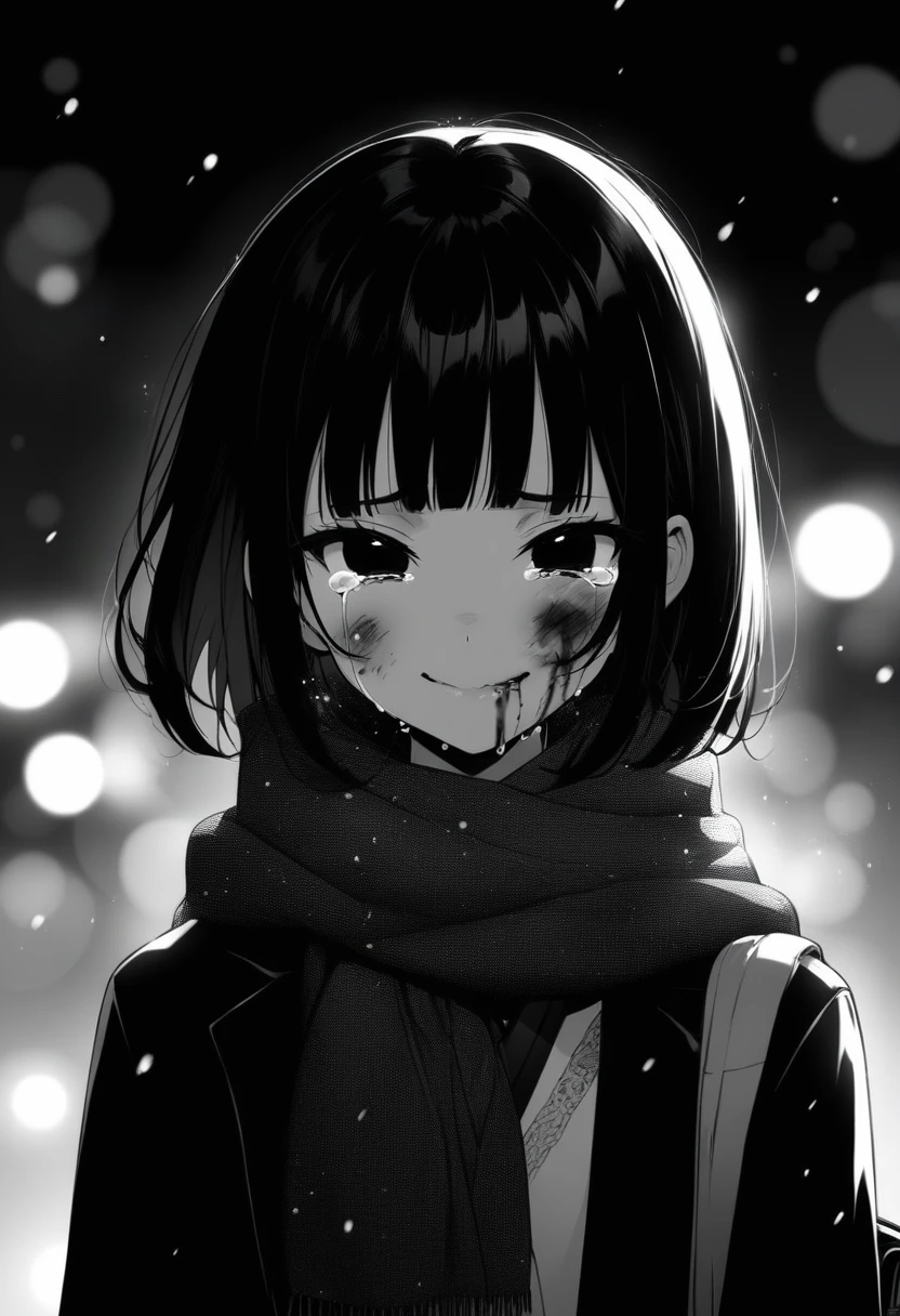 masterpiece, best quality, 1girl, izumi_tsubasu, official art, gawr gura with black bob cut and black eyes
greyscale, manga style, japanese, chi no wadachi, black eyes, eyelashes, street, iced, black hair, schoolbag, smile, crying, tears, tears streaming, blood, blood_from_mouth, bruise, nosebleed, lineart, face against the ground, looking at viewer, blood on face, black coat, black scarf, 35 years old, mature_female:1, tall, fair skinned, bokeh background, streaming, bob cut, light particles, centered, snowing, emotional anime scene, (very aesthetic, best quality, ultra detailed), intricate details, red and blue lights flashing,